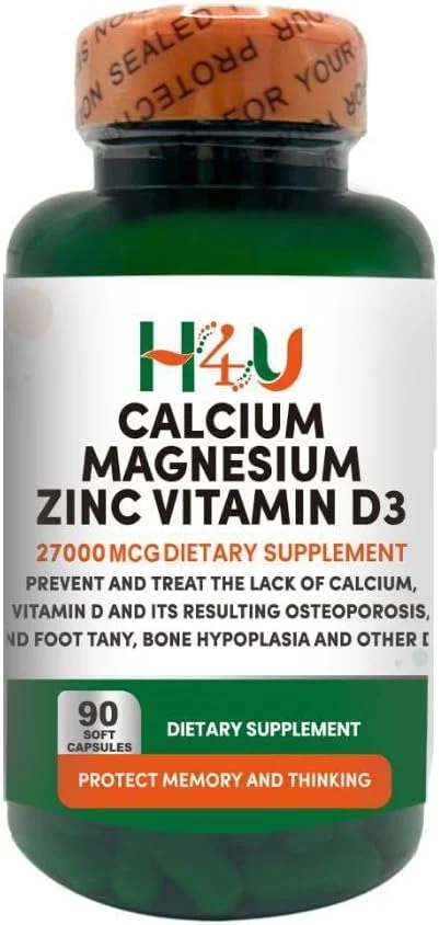 H4U کلسیم منیزیم زینک D3 | مکمل 120 سافت ژل | کلسیم 10000 میکروگرم، منیزیم 10000 میکروگرم، زینک 2000 میکروگرم، ویتامین D3 100 میکروگرم | غیر GMO | بدون گلوتن | ساخت آمریکا