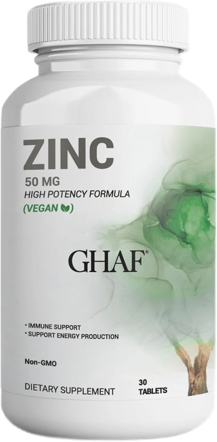 قرص زینک 50 میلی گرم GHAF (وگان) - مکمل زینک با جذب بالا برای حمایت از رشد، عملکرد سیستم ایمنی و سلامت باروری - 30 عدد