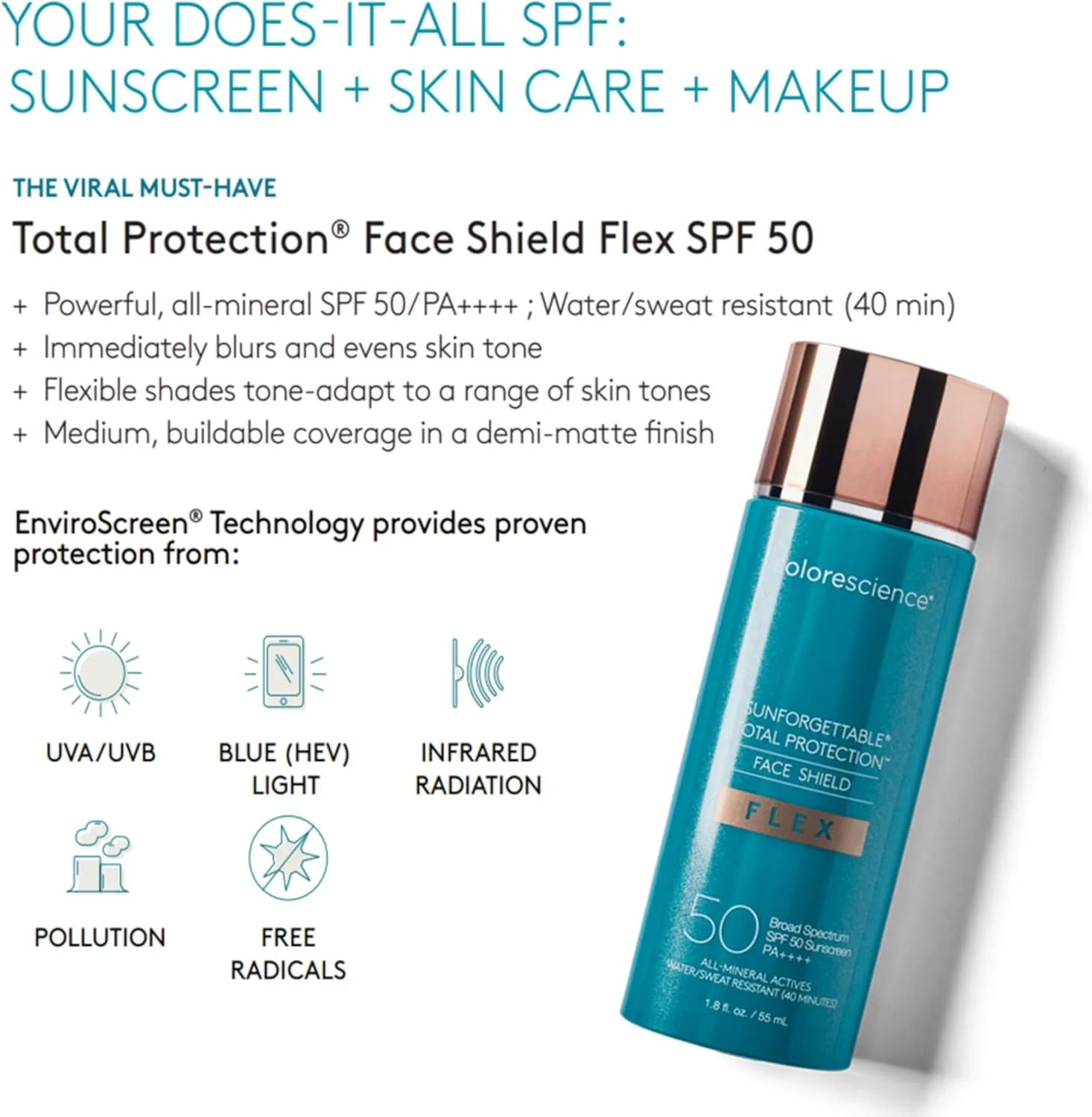 محافظ صورت رنگی کولورساینس توتال پروتکشن فیس شیلد فلکس SPF 50، فرمول اکسید روی، مدیوم، 55 میلی لیتر