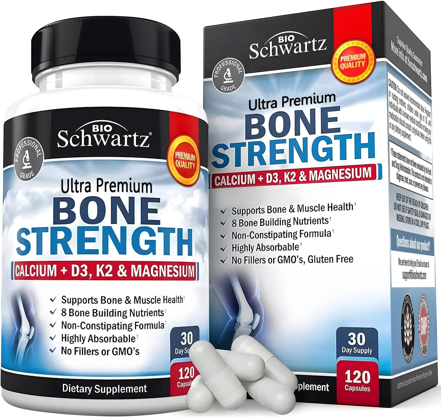 مکمل کلسیم تقویت استخوان BioSchwartz با ویتامین D3، K2، C، منیزیم، روی - 8 ماده مغذی استخوان ساز، جذب بالا، فرمول غیر یبوست زا - 120 کپسول گیاهی برای سلامت مطلوب استخوان