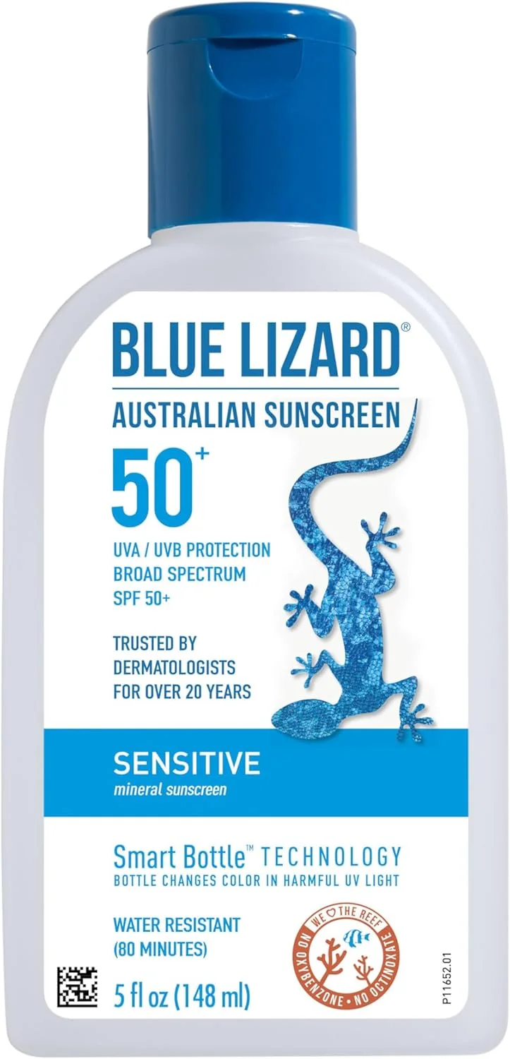کرم ضد آفتاب مینرال پوست حساس بلو لیزارد حاوی زینک اکسید، SPF 50+، مقاوم در برابر آب، محافظت در برابر UVA/UVB با تکنولوژی بطری هوشمند - بدون عطر، 147 میلی لیتر