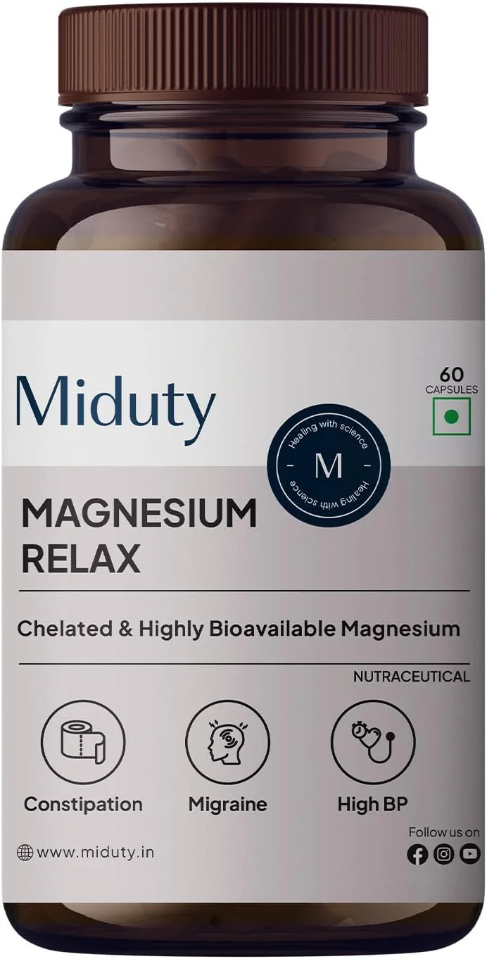 میدوتی منیزیم ریلکس بیس گلیسینات کلاته - 1000 میلی گرم + ویتامین B6 - غیر ملین، جذب بالا - پشتیبانی از خواب، ریکاوری عضلات، گرفتگی عضلات و تسکین میگرن - 60 کپسول گیاهی
