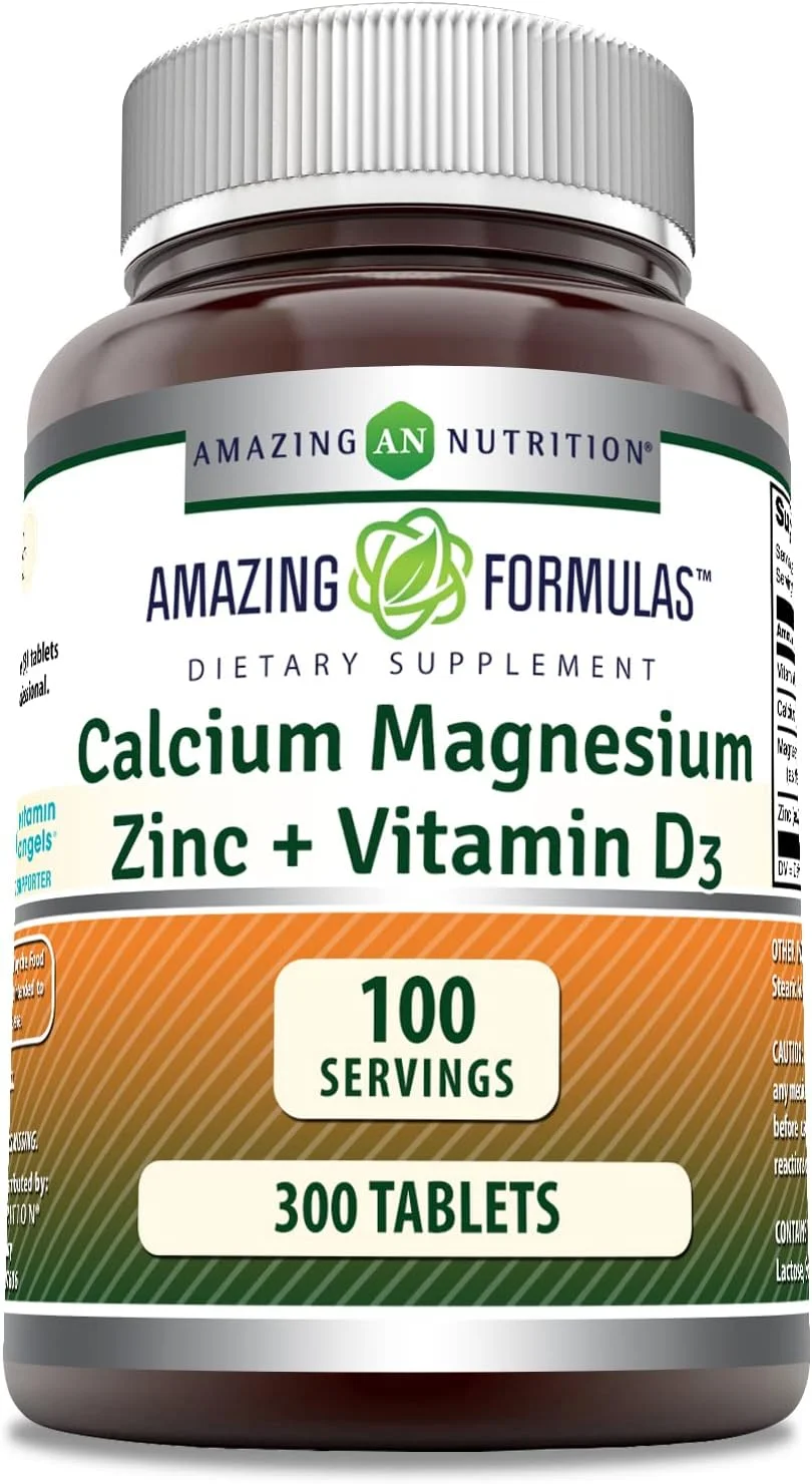 amazing nutrition Calcium 1000mg - Magnesium 400mg - Zinc 25mg Plus Vitamin D3 600 IU - 300 Tablets Per Bottle