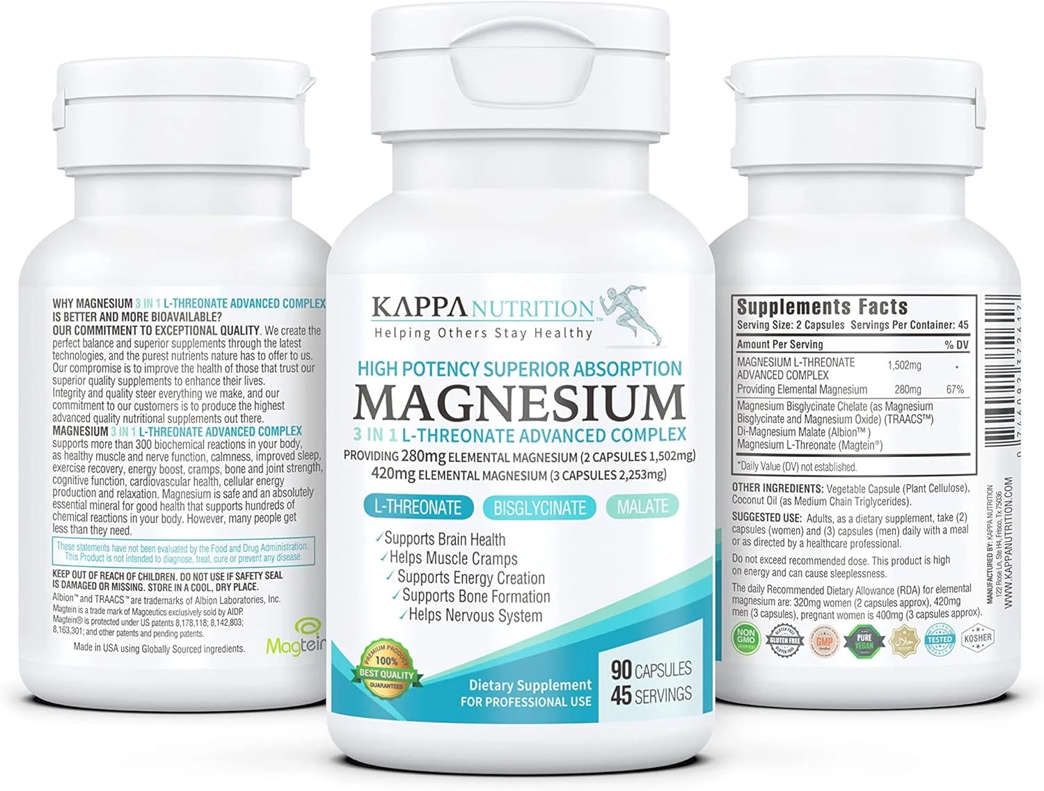 کپسول های KAPPA NUTRITION (90 عدد)، 2253 میلی گرم در هر وعده، حاوی 420 میلی گرم منیزیم المنتال، ال-ترئونات، بیس گلیسینات کلات، مالات، برای مغز، خواب، استرس، گرفتگی عضلات، سردرد، انرژی، قلب، از . کپسول های KAPPA NUTRITION (90 عدد)، 2253 میلی گرم در هر وعده، حاوی 420 میلی گرم منیزیم المنتال، ال-ترئونات، بیس گلیسینات کلات، مالات، برای مغز، خواب، استرس، گرفتگی عضلات، سردرد، انرژی، قلب، از .