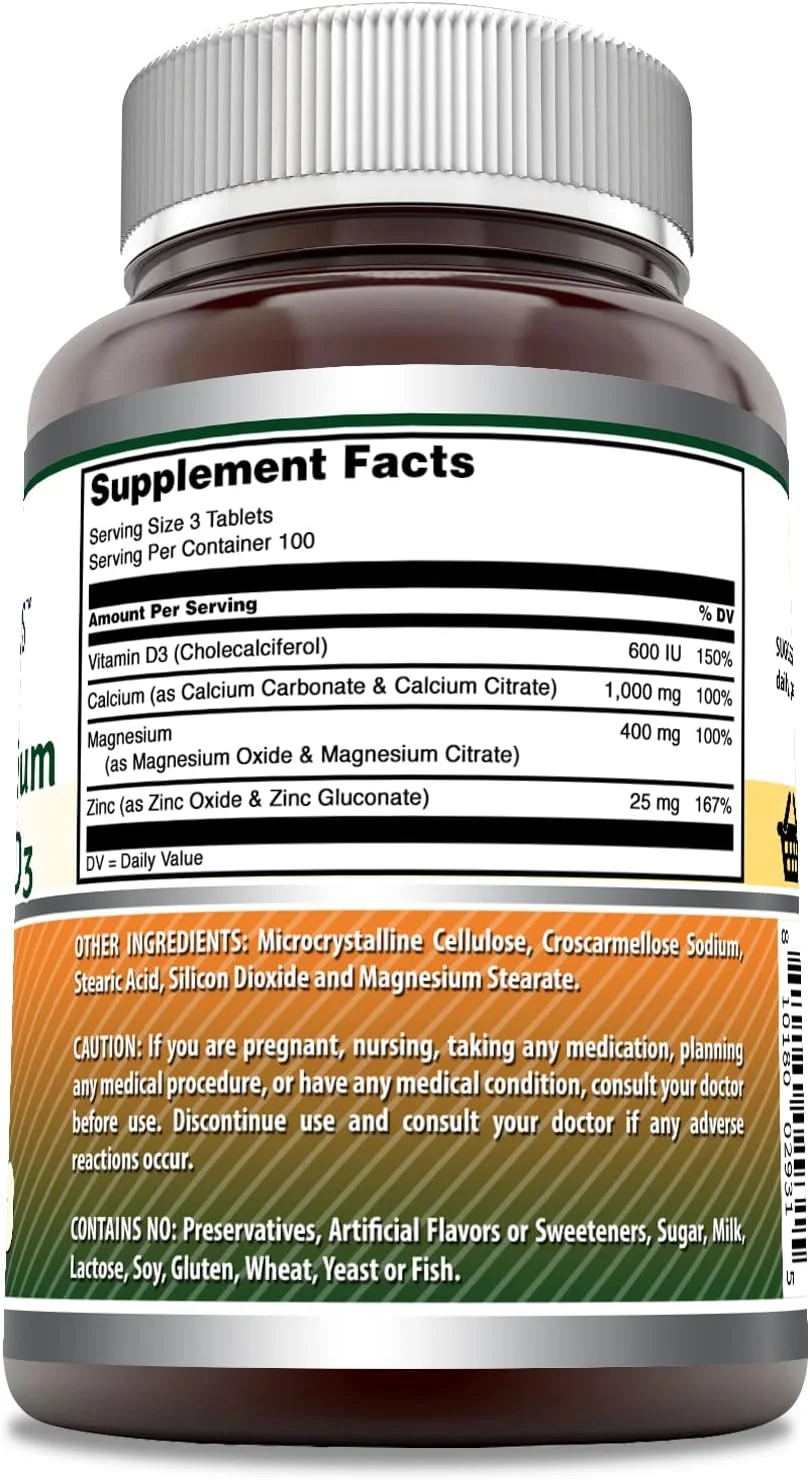 amazing nutrition Calcium 1000mg - Magnesium 400mg - Zinc 25mg Plus Vitamin D3 600 IU - 300 Tablets Per Bottle amazing nutrition Calcium 1000mg - Magnesium 400mg - Zinc 25mg Plus Vitamin D3 600 IU - 300 Tablets Per Bottle