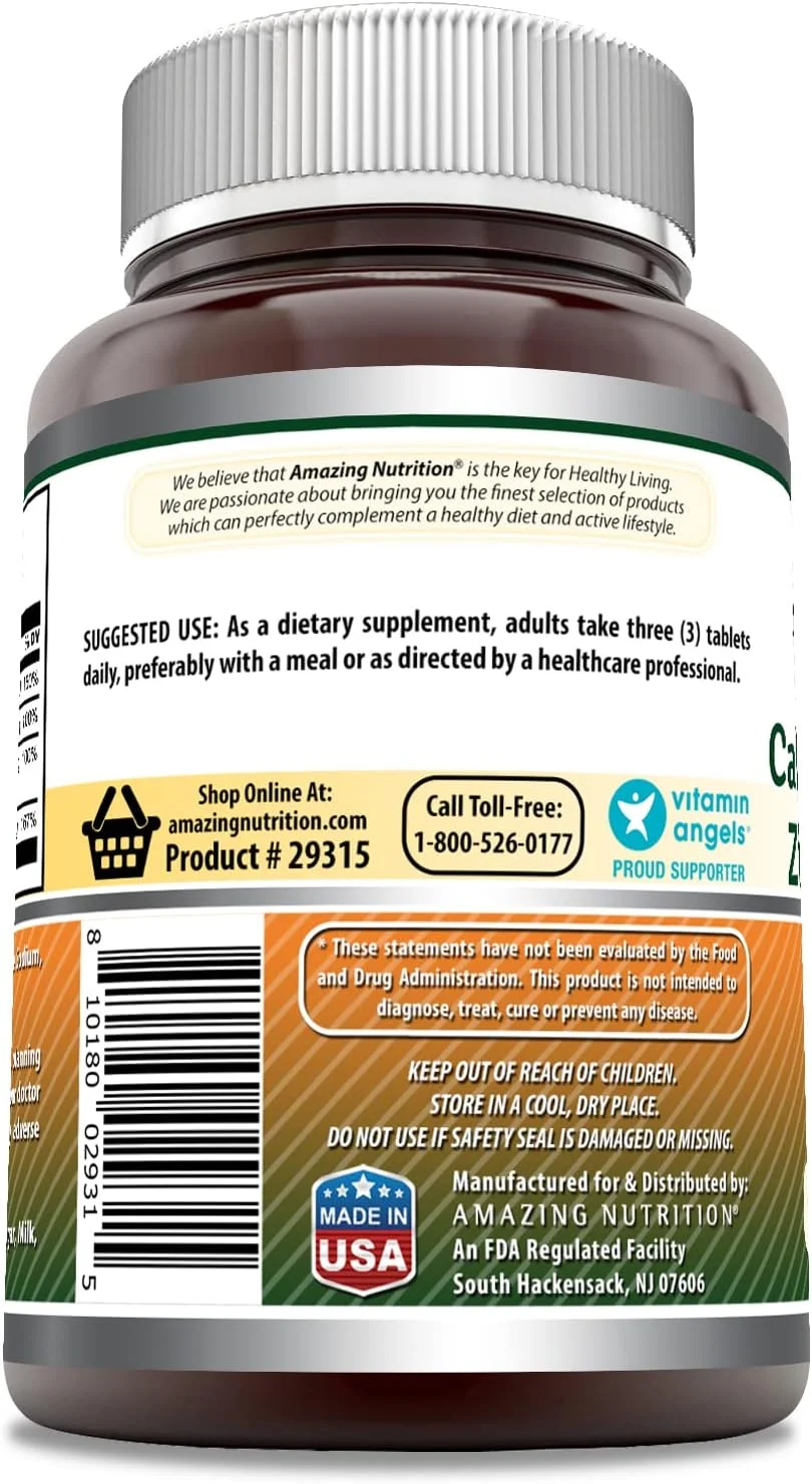 amazing nutrition Calcium 1000mg - Magnesium 400mg - Zinc 25mg Plus Vitamin D3 600 IU - 300 Tablets Per Bottle amazing nutrition Calcium 1000mg - Magnesium 400mg - Zinc 25mg Plus Vitamin D3 600 IU - 300 Tablets Per Bottle