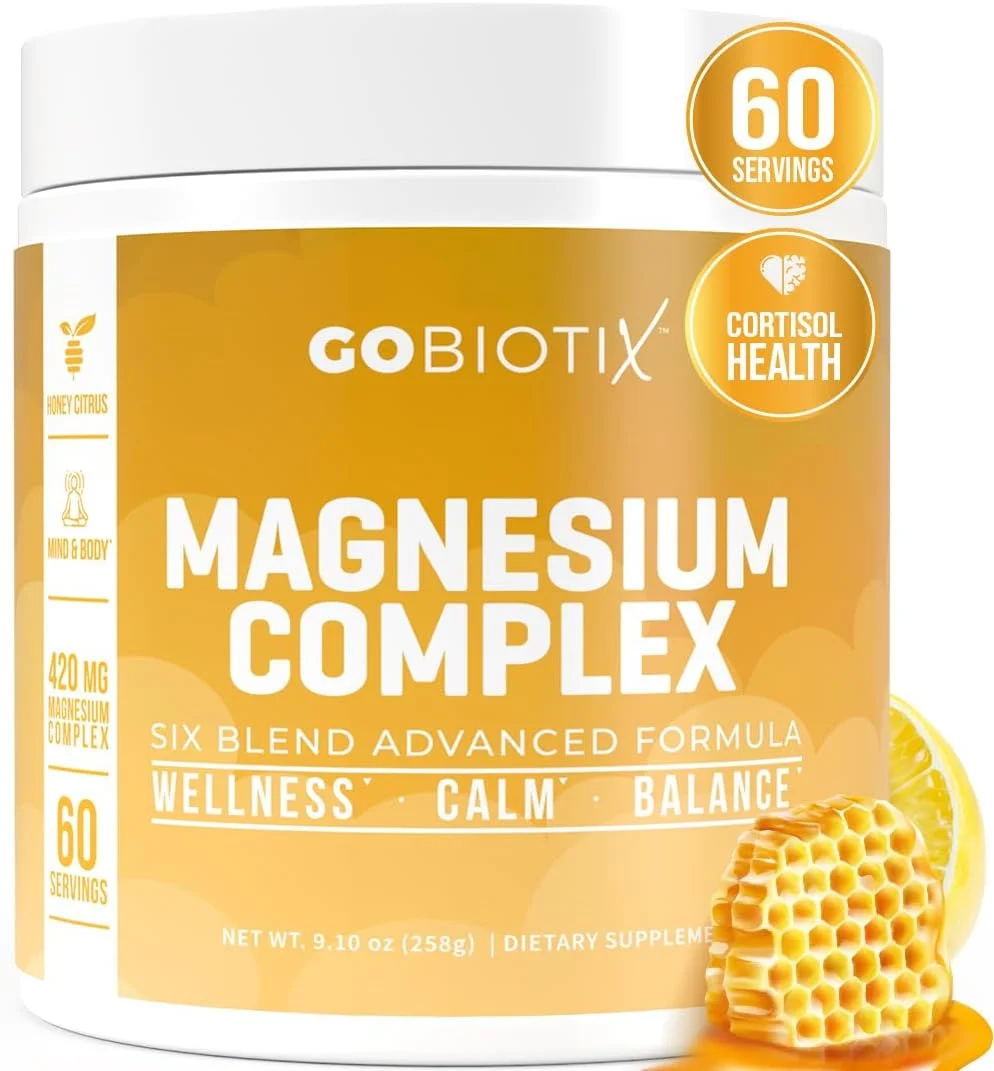 پودر گلیسینات منیزیم GoBiotix - مکمل های کورتیزول برای زنان و مردان - مکمل آرام بخش منیزیم با جذب بالا حاوی سیترات، مالات - بدون شکر - 420 میلی گرم، 60 سروینگ - مرکبات عسلی