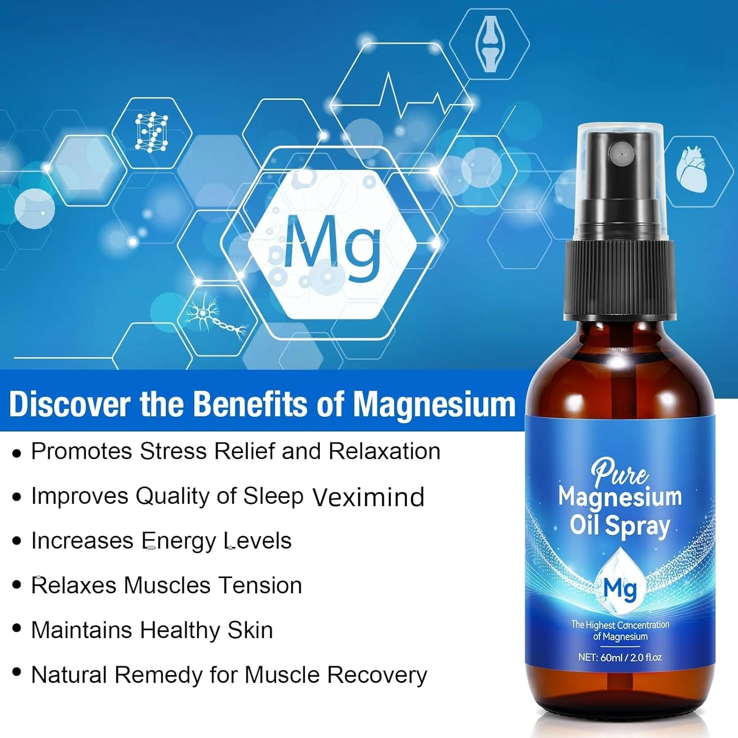 اسپری روغن منیزیم خالص Veximind، اسپری موضعی منیزیم 100% طبیعی برای پاها، اسپری منیزیم برای خواب، ایمن و موثر، 60 میلی لیتر (بسته 1 عددی)