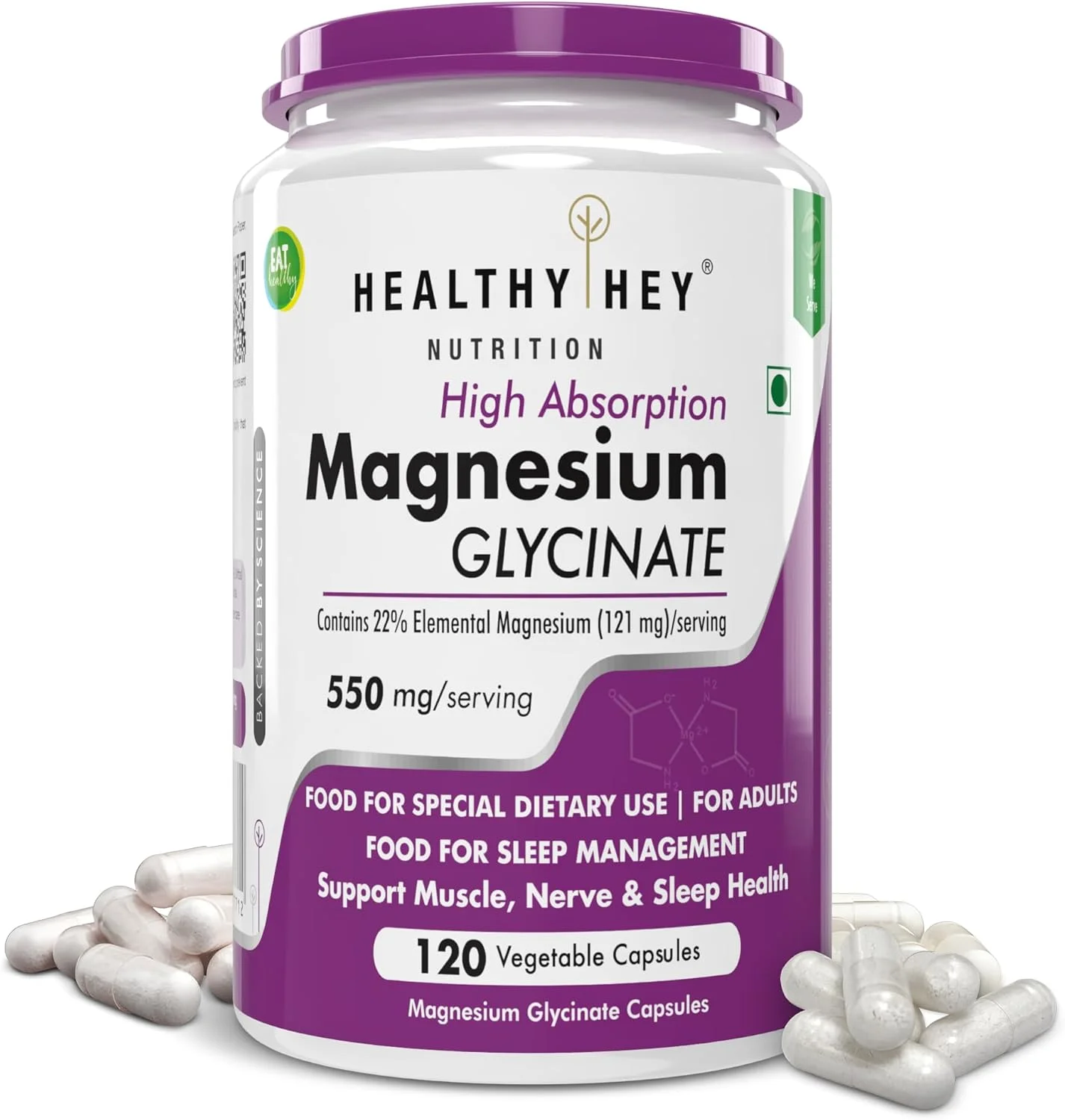 HealthyHey Nutrition گلیسینات منیزیم با جذب بالا، 550 میلی گرم - 120 کپسول گیاهی