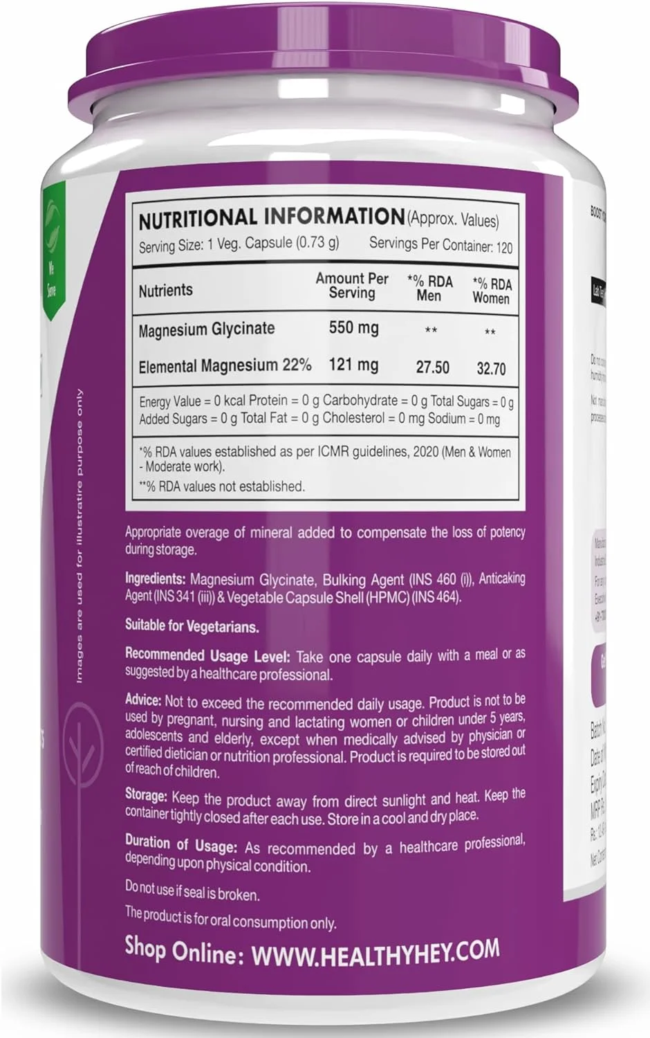 HealthyHey Nutrition گلیسینات منیزیم با جذب بالا، 550 میلی گرم - 120 کپسول گیاهی HealthyHey Nutrition گلیسینات منیزیم با جذب بالا، 550 میلی گرم - 120 کپسول گیاهی