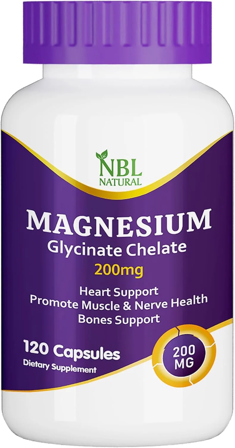 NBL NATURAL منیزیم گلیسینات کلات 200 میلی گرم، مکمل غذایی برای حمایت از عضله، قلب، عصب و استخوان، 120 کپسول
