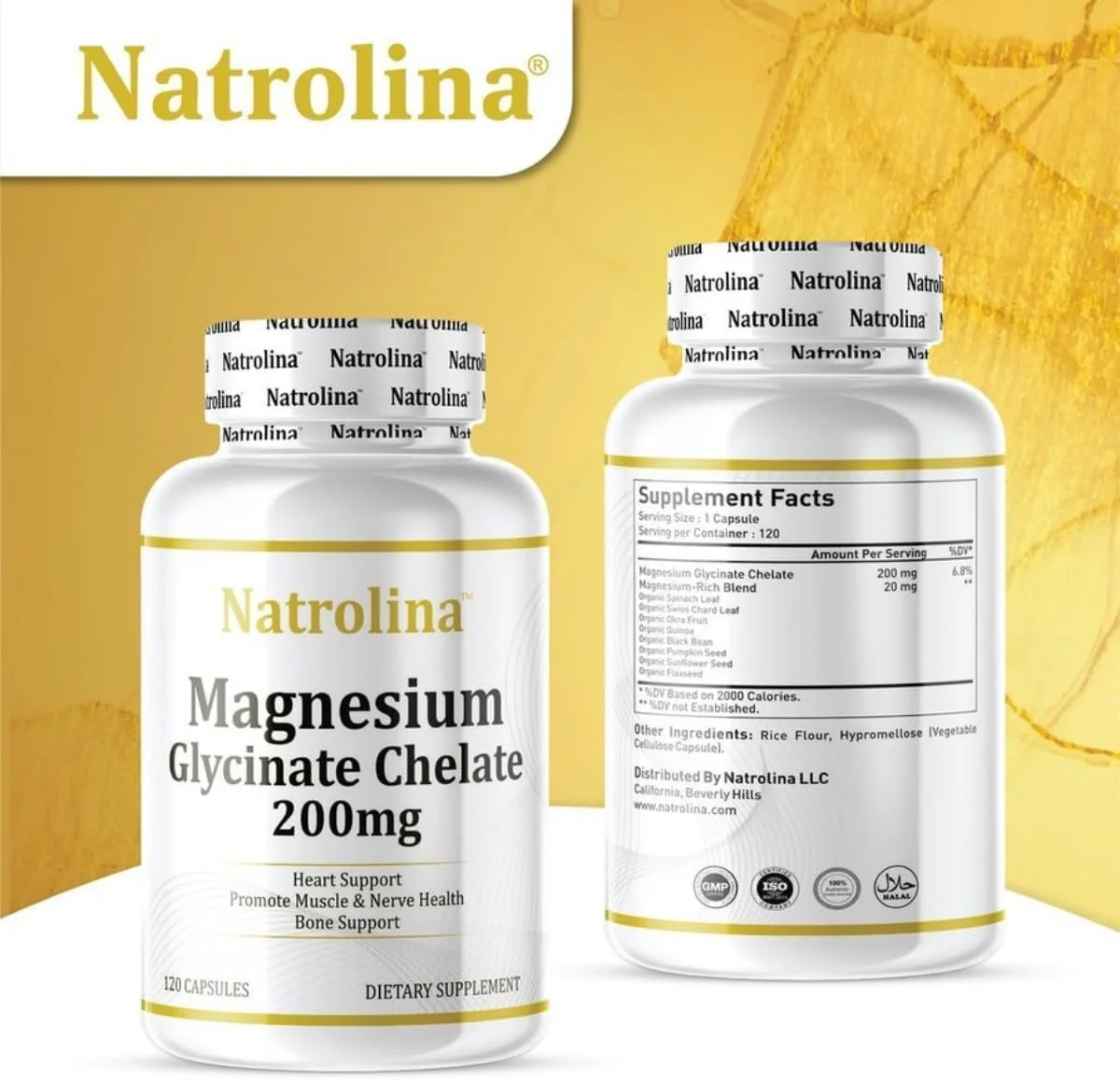 ناترولینا منیزیم گلیسینات کلات 200 میلی گرم 120 کپسول، پشتیبانی از قلب و استخوان ها، تقویت سلامت عضلات و اعصاب | فاقد گلوتن، مکمل غیر تراریخته منیزیم برای اضطراب، گرفتگی عضلات و رفع استرس