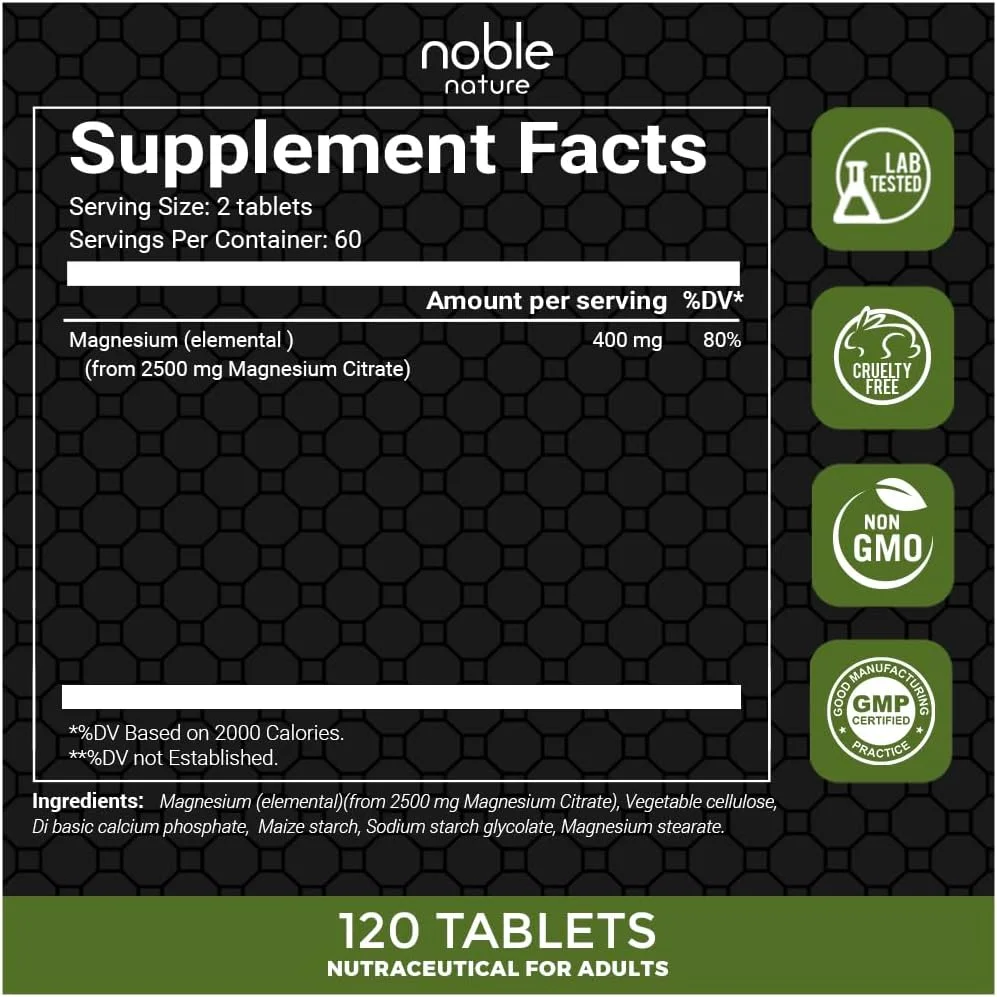 Noble Nature Magnesium Citrate Supplement, 2500 mg per Serving, 120 Tablets, for Sleep, Heart, Cognitive, Bone Health, Energy, Muscles, Metabolism