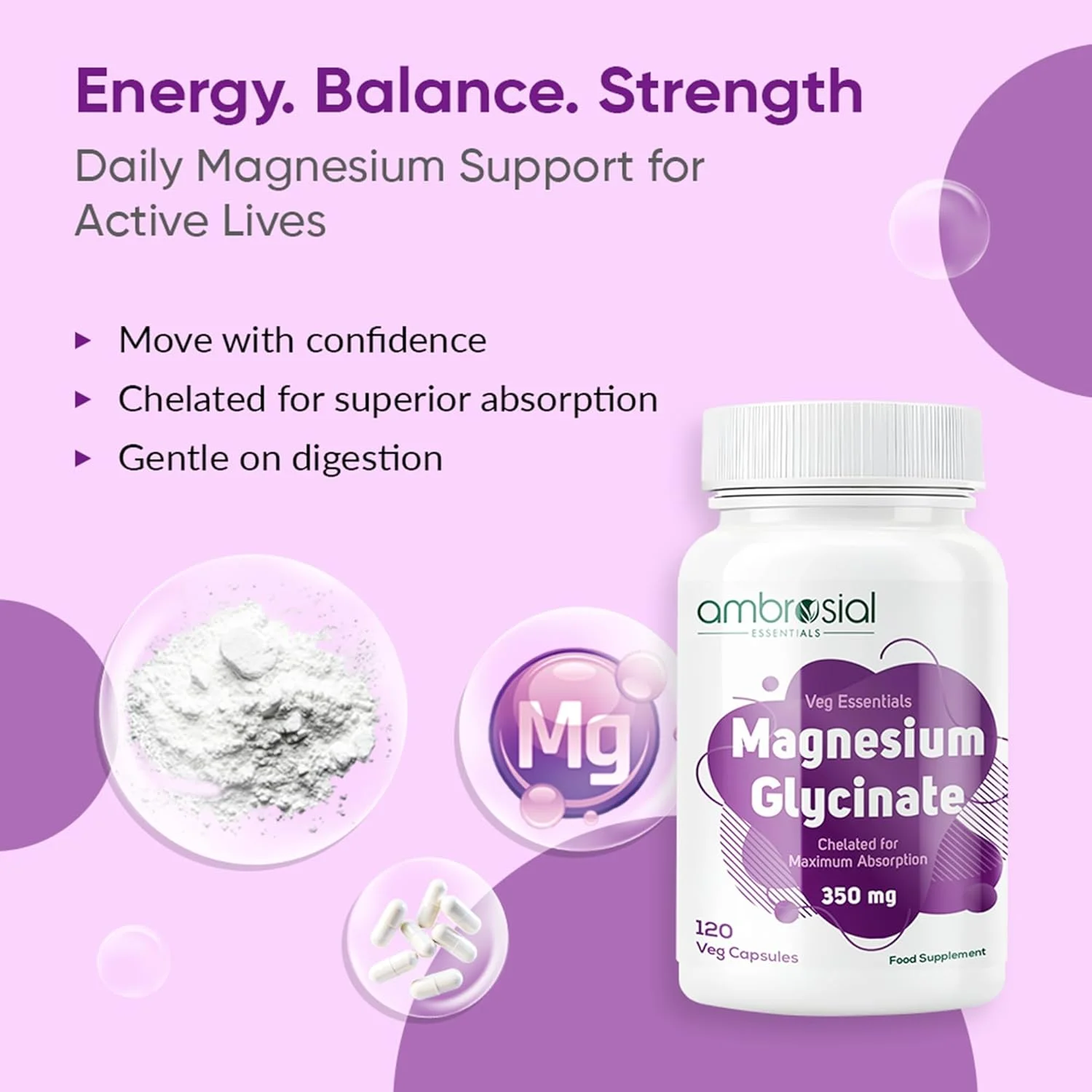 آمبروسیال گلیسینات منیزیم 350 میلی گرم | مکمل منیزیم با جذب بالا برای بهبود عملکرد عضلات و اعصاب | تقویت سلامت استخوان | رفع خستگی (بسته 120 عددی)