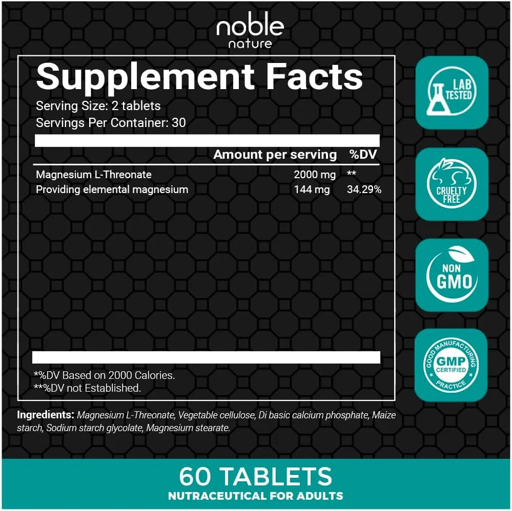 Noble Nature Magnesium L-Threonate - 2000 mg per Serving | Magnesium Supplement for Brain Health, Memory & Attention, Sleep, Cognitive Support | 60 Tablets | Supports Bone, Muscle & Nerve Health |