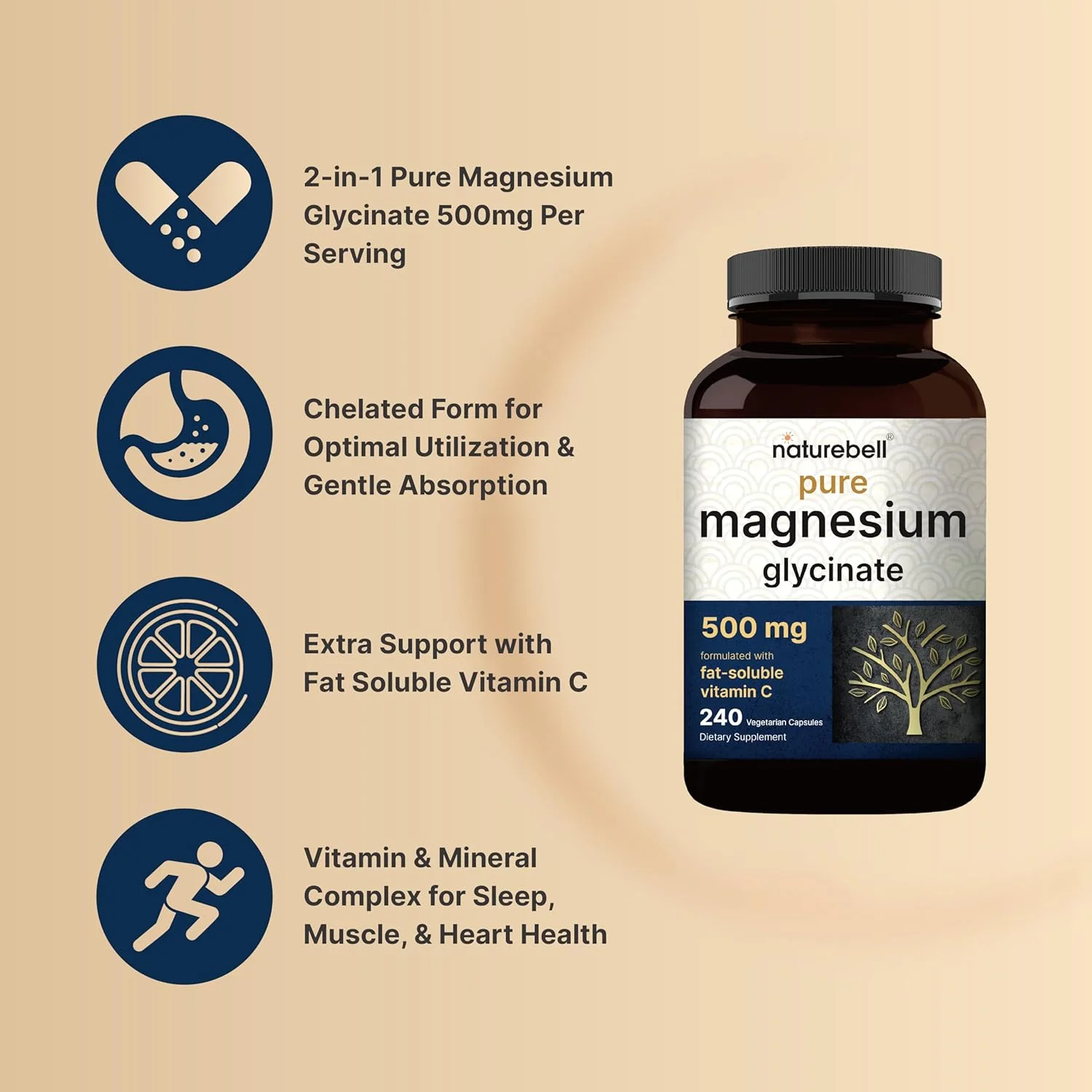 کپسول های منیزیم گلیسینات NatureBell 500 میلی گرم | 240 عدد، 100% کلاته و خالص شده، تست شده توسط شخص ثالث، غیر GMO و بدون گلوتن کپسول های منیزیم گلیسینات NatureBell 500 میلی گرم | 240 عدد، 100% کلاته و خالص شده، تست شده توسط شخص ثالث، غیر GMO و بدون گلوتن