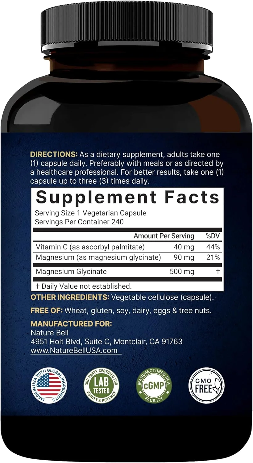 کپسول های منیزیم گلیسینات NatureBell 500 میلی گرم | 240 عدد، 100% کلاته و خالص شده، تست شده توسط شخص ثالث، غیر GMO و بدون گلوتن کپسول های منیزیم گلیسینات NatureBell 500 میلی گرم | 240 عدد، 100% کلاته و خالص شده، تست شده توسط شخص ثالث، غیر GMO و بدون گلوتن