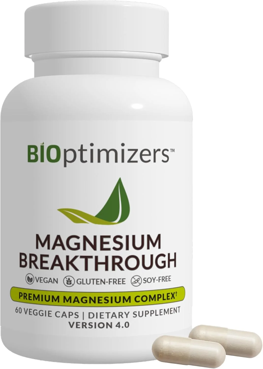 مکمل منیزیم Breakthrough 4.0 BiOptimizers - حاوی 7 نوع منیزیم مانند بیس گلیسینات، مالات، سیترات و غیره - کمک طبیعی به خواب - مکمل مغز - 60 کپسول