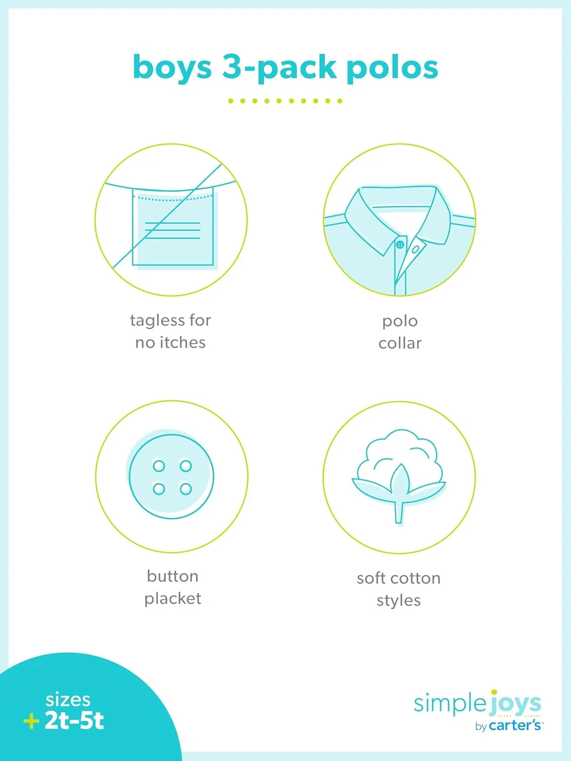 پک 3 عددی پولوشرت آستین کوتاه پسرانه Simple Joys by Carter's، رنگرزی شده، دارای سه دکمه در قسمت پایین یقه