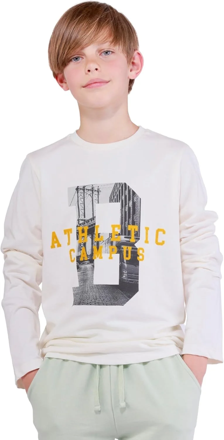 تی‌شرت‌های نخی پسرانه Nuego، آستین بلند، تی شرت های یقه گرد پسرانه با فیت راحت، تنفس پذیر، طرح دار، مناسب استفاده روزمره برای کودکان 7-14 سال (سفید شیری، خاکستری)