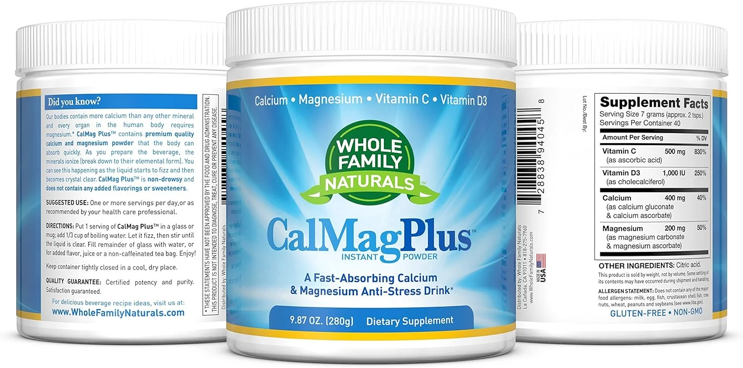 مکمل پودری کلسیم منیزیم Whole Family Naturals - CalMag Plus با ویتامین C و D3 - بدون گلوتن، غیر GMO، بدون طعم - نوشیدنی Cal Mag برای آرامش و کاهش استرس - Cal-Mag برای گرفتگی عضلات پا مکمل پودری کلسیم منیزیم Whole Family Naturals - CalMag Plus با ویتامین C و D3 - بدون گلوتن، غیر GMO، بدون طعم - نوشیدنی Cal Mag برای آرامش و کاهش استرس - Cal-Mag برای گرفتگی عضلات پا