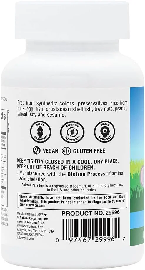 مکمل جویدنی کلسیم کودکان Nature's Plus، 90 قرص با طعم وانیلی ساندای به شکل حیوانات، حاوی کنسانتره های غذایی کامل، بدون گلوتن