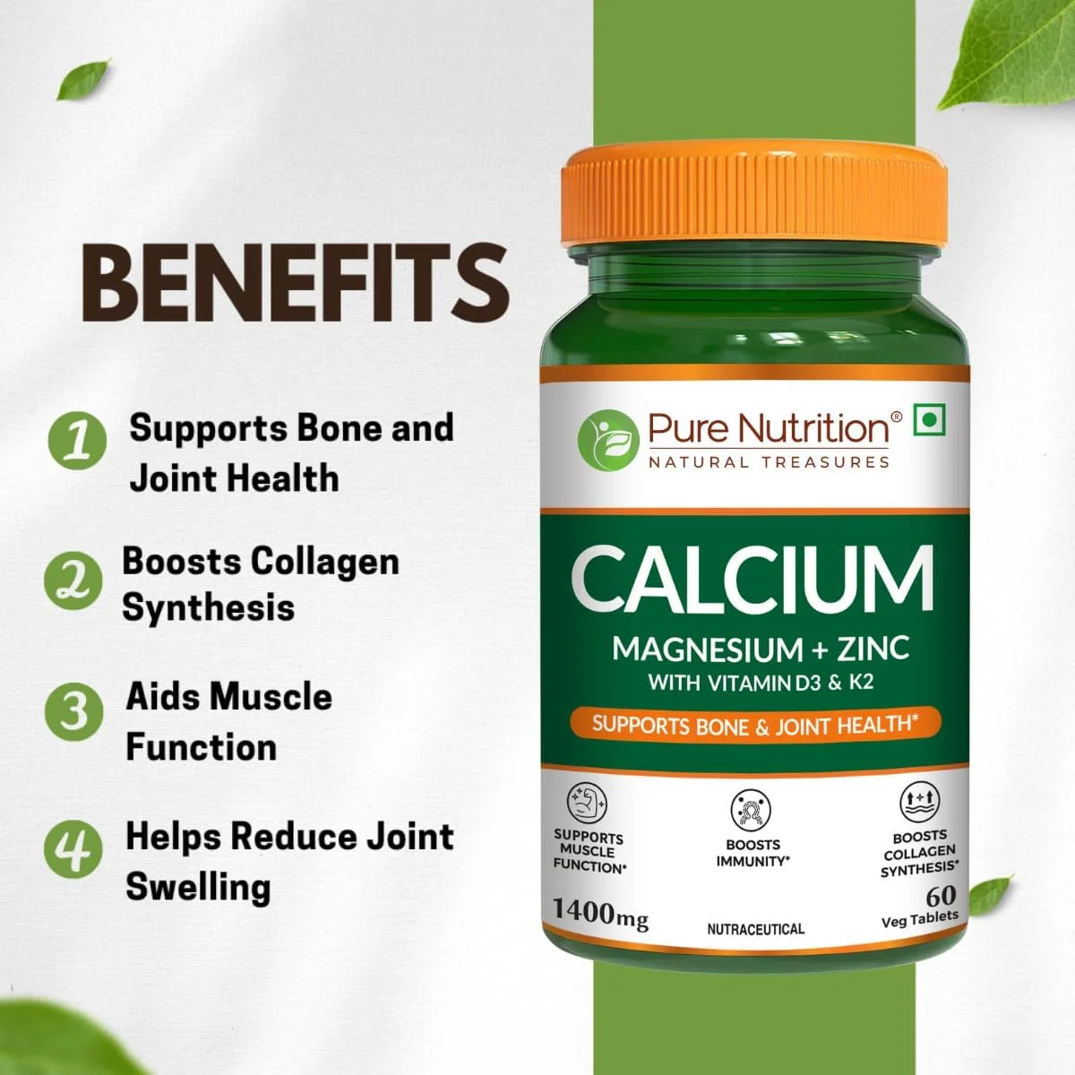 مکمل کلسیم، منیزیم و زینک Pure Nutrition با ویتامین D3 و K2 (600 IU) برای زنان و مردان | پشتیبانی از سلامت استخوان و مفاصل | کمک به سلامت عضلات، تقویت سنتز کلاژن | 1400 میلی گرم - 60 قرص مکمل کلسیم، منیزیم و زینک Pure Nutrition با ویتامین D3 و K2 (600 IU) برای زنان و مردان | پشتیبانی از سلامت استخوان و مفاصل | کمک به سلامت عضلات، تقویت سنتز کلاژن | 1400 میلی گرم - 60 قرص