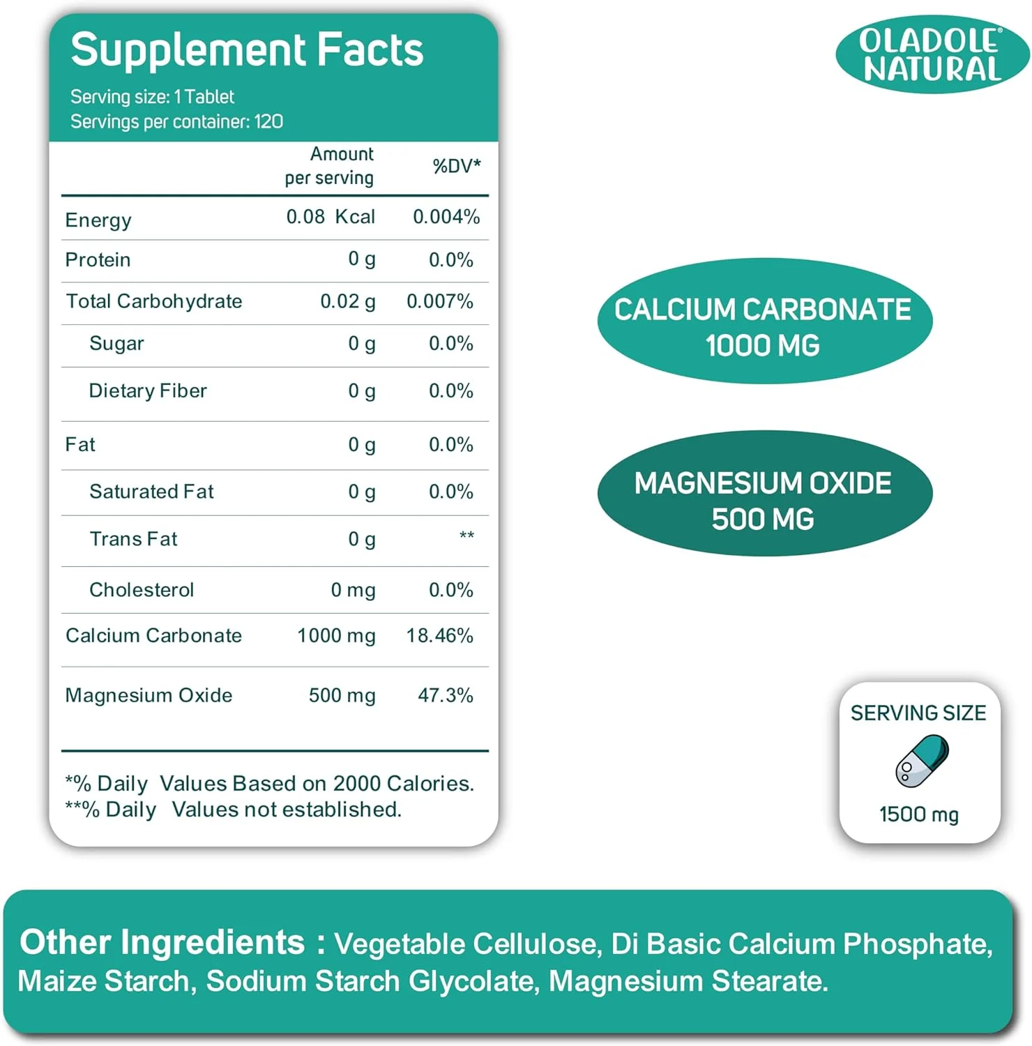 اولادول نچرال کلسیم و منیزیم - 1500 میلی گرم (120 قرص) | تقویت تراکم استخوان و مفاصل، آرامش عضلات، مدیریت استرس و متابولیسم، تقویت ایمنی | غیر تراریخته، بدون گلوتن