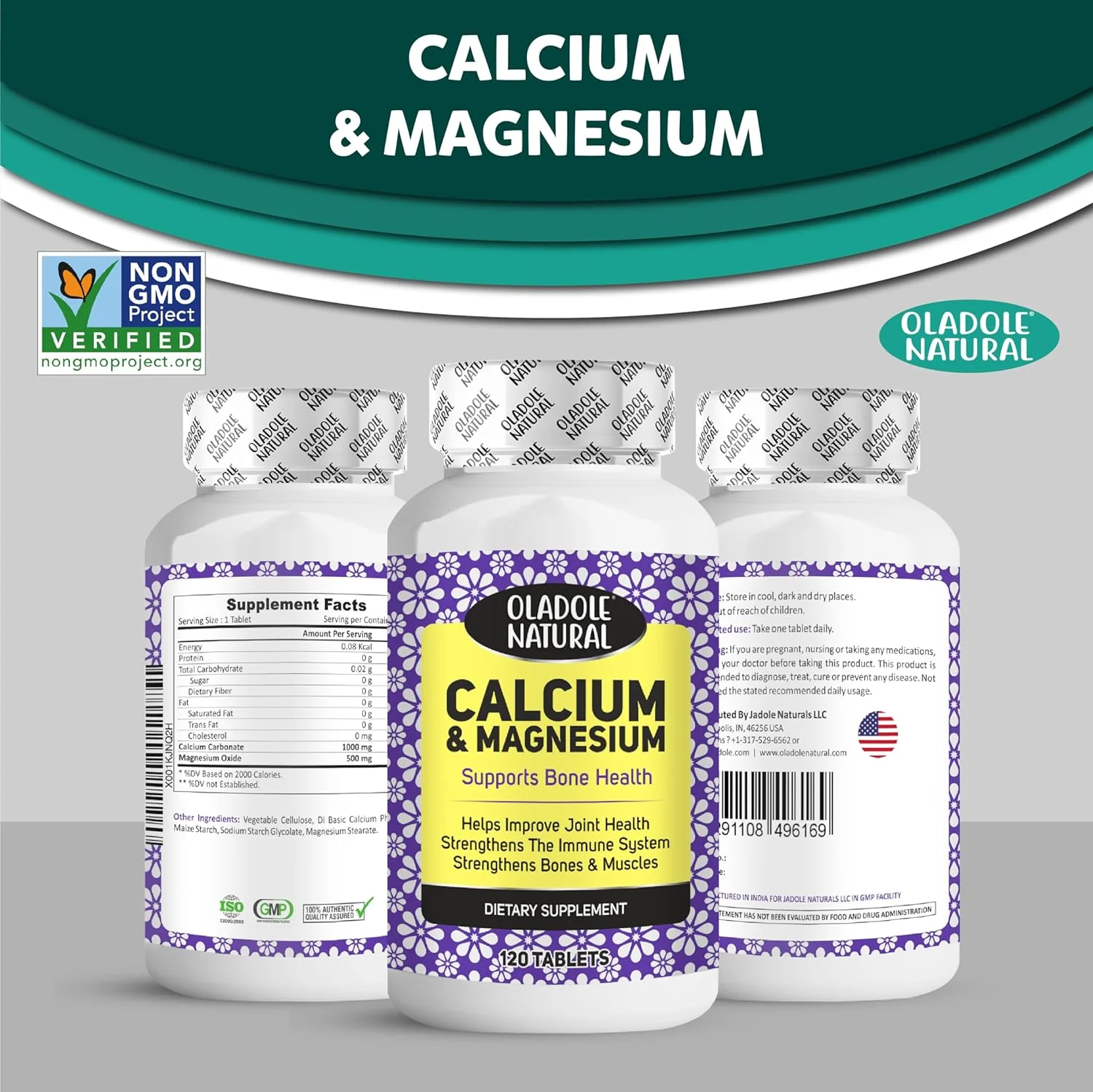 اولادول نچرال کلسیم و منیزیم - 1500 میلی گرم (120 قرص) | تقویت تراکم استخوان و مفاصل، آرامش عضلات، مدیریت استرس و متابولیسم، تقویت ایمنی | غیر تراریخته، بدون گلوتن