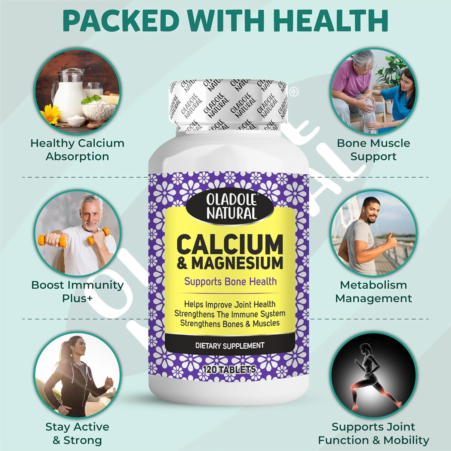 اولادول نچرال کلسیم و منیزیم - 1500 میلی گرم (120 قرص) | تقویت تراکم استخوان و مفاصل، آرامش عضلات، مدیریت استرس و متابولیسم، تقویت ایمنی | غیر تراریخته، بدون گلوتن