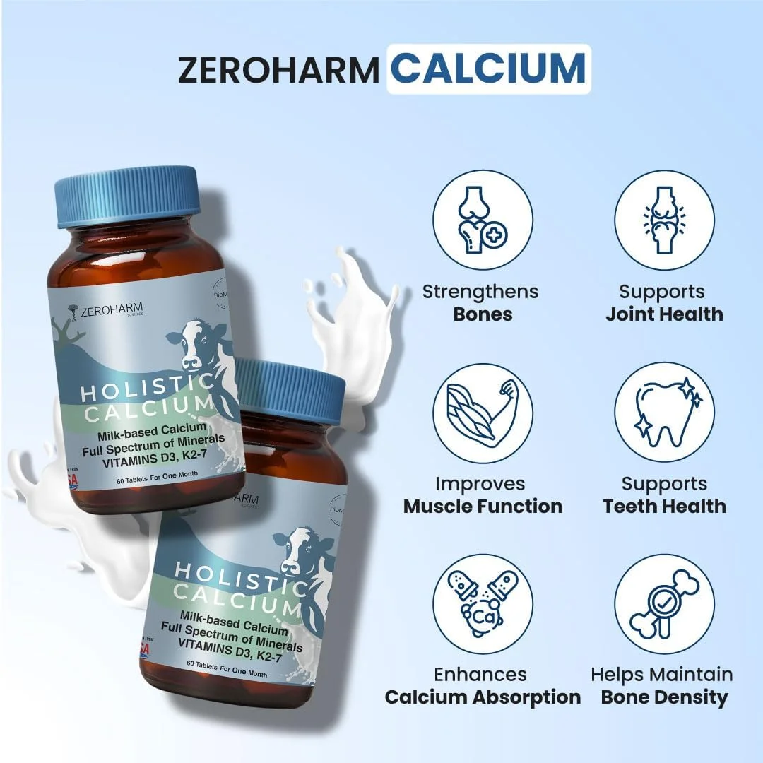 قرص کلسیم جامع ZEROHARM برای زنان و مردان - مکمل کلسیم بر پایه شیر با ویتامین D3، K2-7، منیزیم و فسفر - بهترین مکمل برای پشتیبانی از مفاصل و استحکام استخوان (60 قرص) قرص کلسیم جامع ZEROHARM برای زنان و مردان - مکمل کلسیم بر پایه شیر با ویتامین D3، K2-7، منیزیم و فسفر - بهترین مکمل برای پشتیبانی از مفاصل و استحکام استخوان (60 قرص)