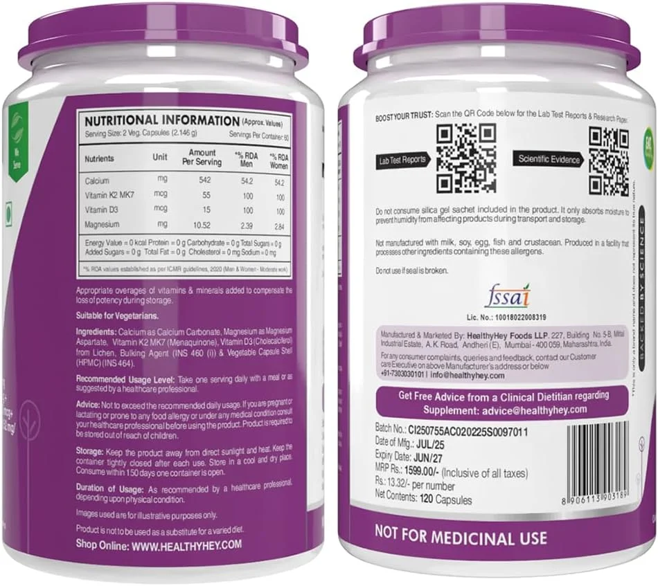 کپسول های گیاهی 120 عددی کلسیم به همراه منیزیم، ویتامین D3 و ویتامین K2- Mk7 - BoneMax - کمپلکس سلامت استخوان HealthyHey Nutrition کپسول های گیاهی 120 عددی کلسیم به همراه منیزیم، ویتامین D3 و ویتامین K2- Mk7 - BoneMax - کمپلکس سلامت استخوان HealthyHey Nutrition