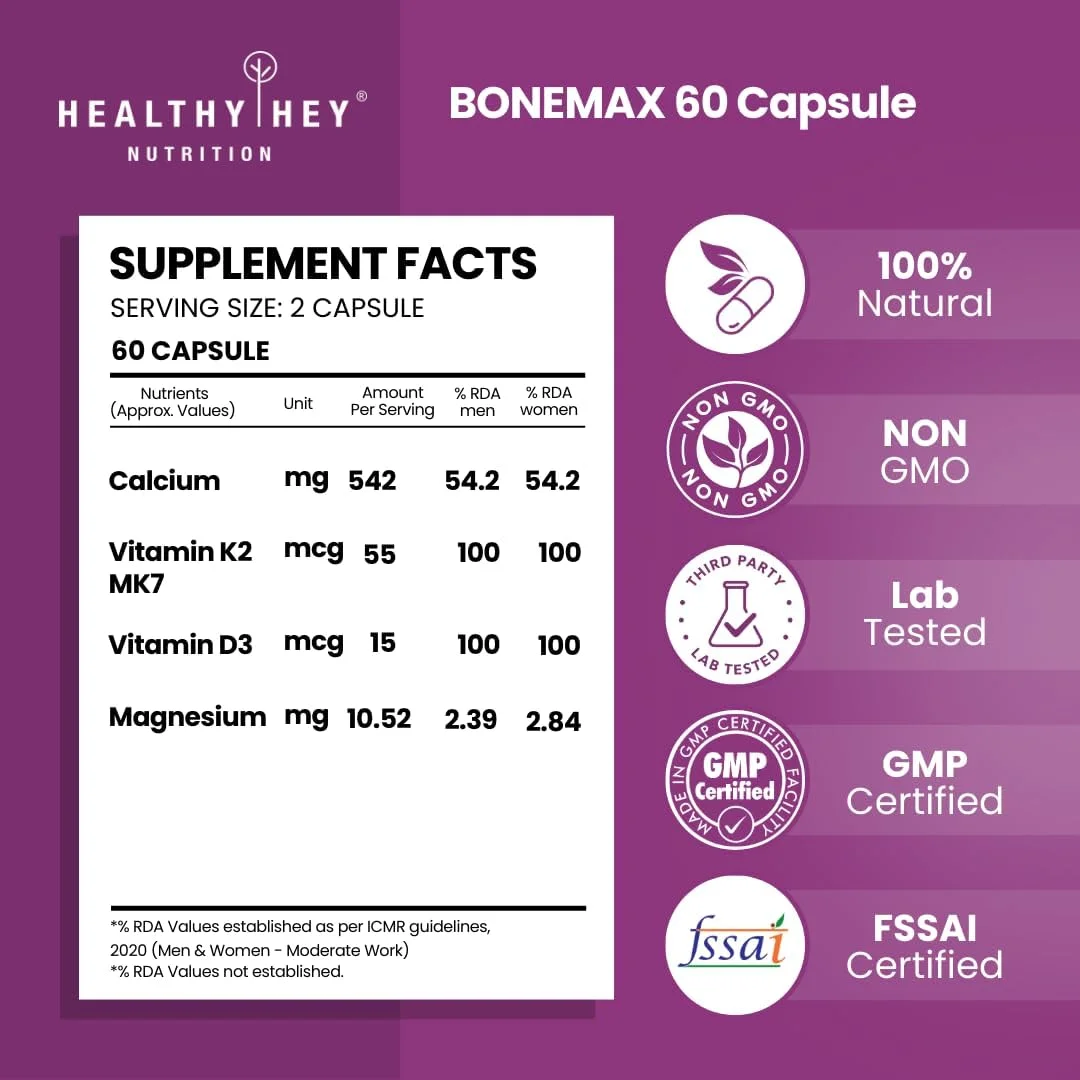 کپسول های گیاهی کلسیم وگان HealthyHey Nutrition با منیزیم، ویتامین D3 و ویتامین K2- Mk7 - BoneMax - کمپلکس سلامت استخوان - 60 عدد کپسول های گیاهی کلسیم وگان HealthyHey Nutrition با منیزیم، ویتامین D3 و ویتامین K2- Mk7 - BoneMax - کمپلکس سلامت استخوان - 60 عدد