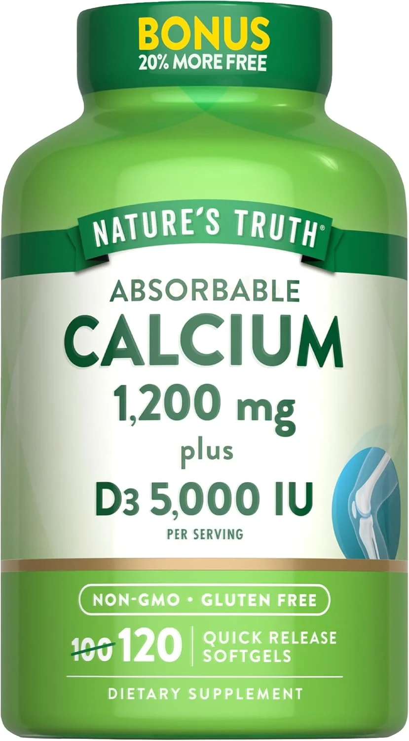 کلسیم قابل جذب 1200 میلی گرم Nature's Truth به همراه ویتامین D3 5000 واحد بین المللی | 120 سافت ژل | مکمل کربنات کلسیم | غیر GMO و بدون گلوتن کلسیم قابل جذب 1200 میلی گرم Nature's Truth به همراه ویتامین D3 5000 واحد بین المللی | 120 سافت ژل | مکمل کربنات کلسیم | غیر GMO و بدون گلوتن