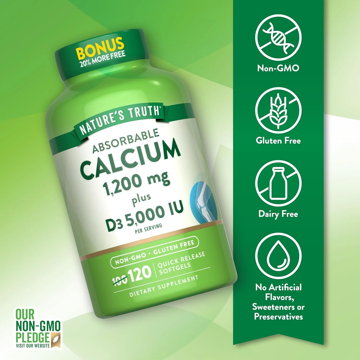 کلسیم قابل جذب 1200 میلی گرم Nature's Truth به همراه ویتامین D3 5000 واحد بین المللی | 120 سافت ژل | مکمل کربنات کلسیم | غیر GMO و بدون گلوتن کلسیم قابل جذب 1200 میلی گرم Nature's Truth به همراه ویتامین D3 5000 واحد بین المللی | 120 سافت ژل | مکمل کربنات کلسیم | غیر GMO و بدون گلوتن