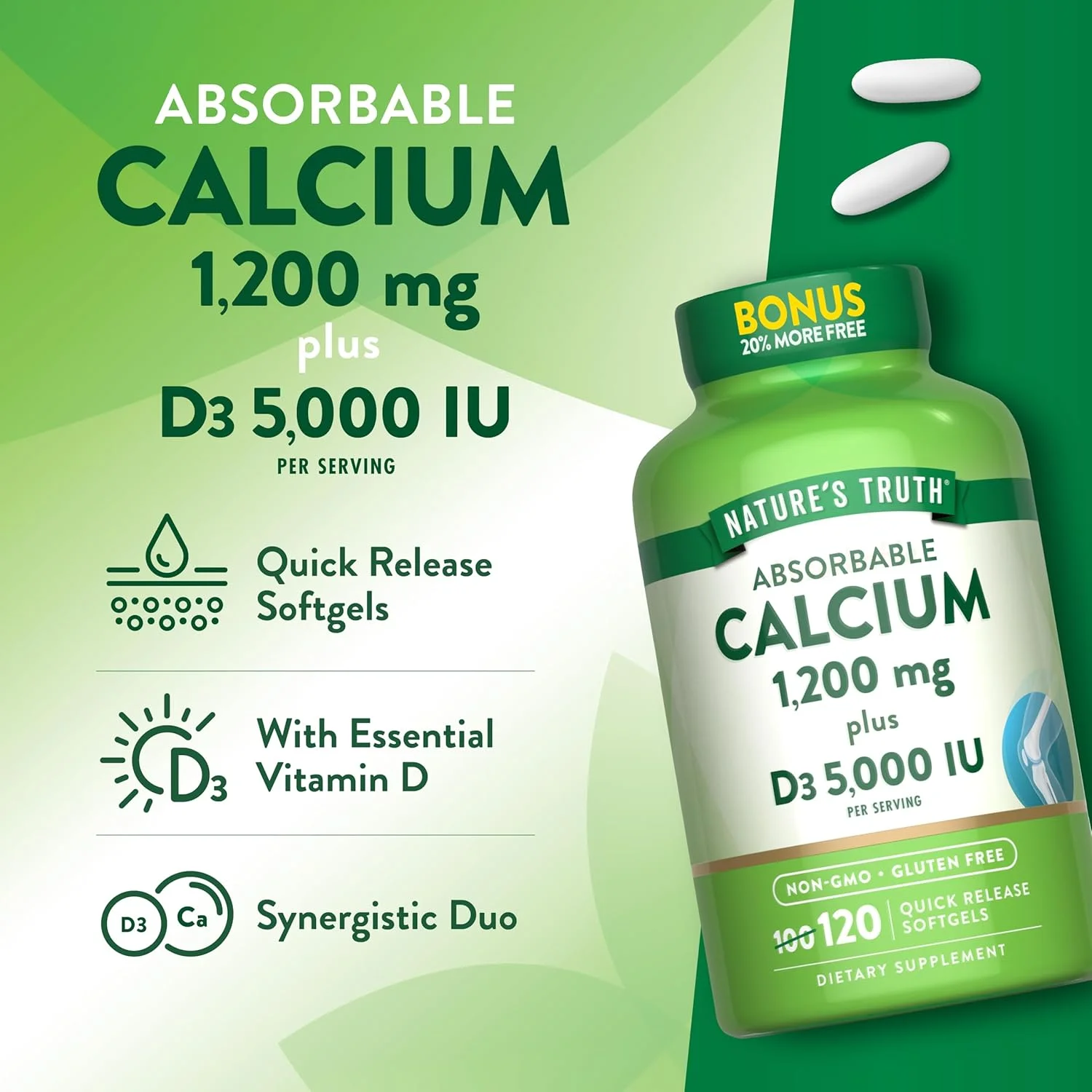 کلسیم قابل جذب 1200 میلی گرم Nature's Truth به همراه ویتامین D3 5000 واحد بین المللی | 120 سافت ژل | مکمل کربنات کلسیم | غیر GMO و بدون گلوتن کلسیم قابل جذب 1200 میلی گرم Nature's Truth به همراه ویتامین D3 5000 واحد بین المللی | 120 سافت ژل | مکمل کربنات کلسیم | غیر GMO و بدون گلوتن