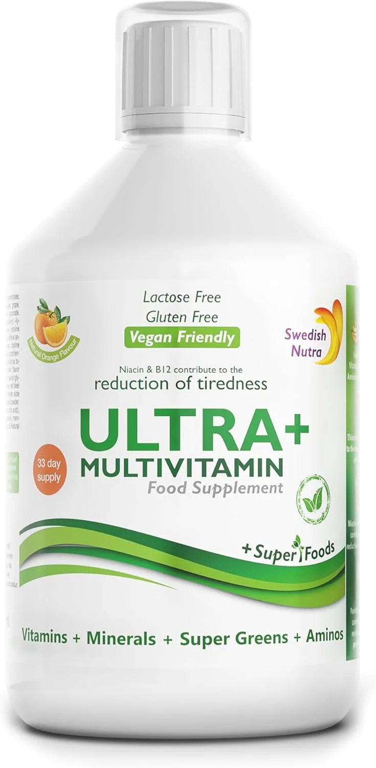 Swedish Nutra - مکمل غذایی مایع مولتی ویتامین Ultra+ - بسته 500 میلی لیتری، مناسب برای 33 روز | غنی شده با ویتامین ها، مواد معدنی، سبزیجات فوق العاده و آمینو اسیدها برای افزایش انرژی و ایمنی | طعم طبیعی پرتقال
