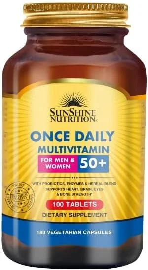 مولتی ویتامین روزانه سان شاین نوتریشن برای آقایان و بانوان بالای 50 سال | حاوی پروبیوتیک، آنزیم و ترکیبات گیاهی | 100 عدد قرص مولتی ویتامین روزانه سان شاین نوتریشن برای آقایان و بانوان بالای 50 سال | حاوی پروبیوتیک، آنزیم و ترکیبات گیاهی | 100 عدد قرص