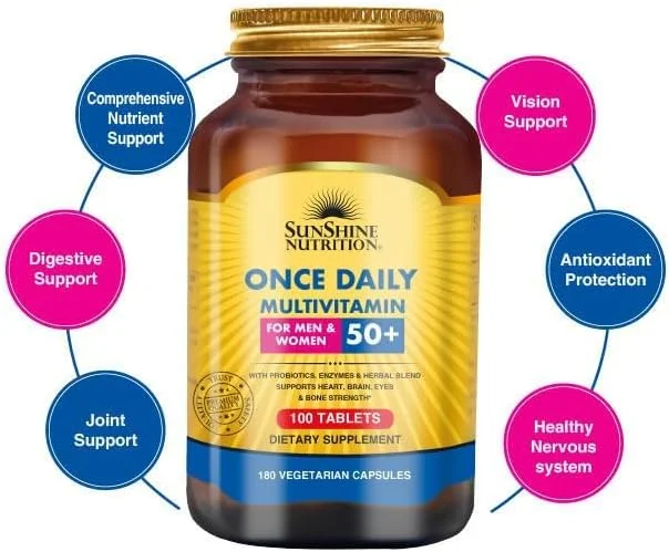 مولتی ویتامین روزانه سان شاین نوتریشن برای آقایان و بانوان بالای 50 سال | حاوی پروبیوتیک، آنزیم و ترکیبات گیاهی | 100 عدد قرص مولتی ویتامین روزانه سان شاین نوتریشن برای آقایان و بانوان بالای 50 سال | حاوی پروبیوتیک، آنزیم و ترکیبات گیاهی | 100 عدد قرص