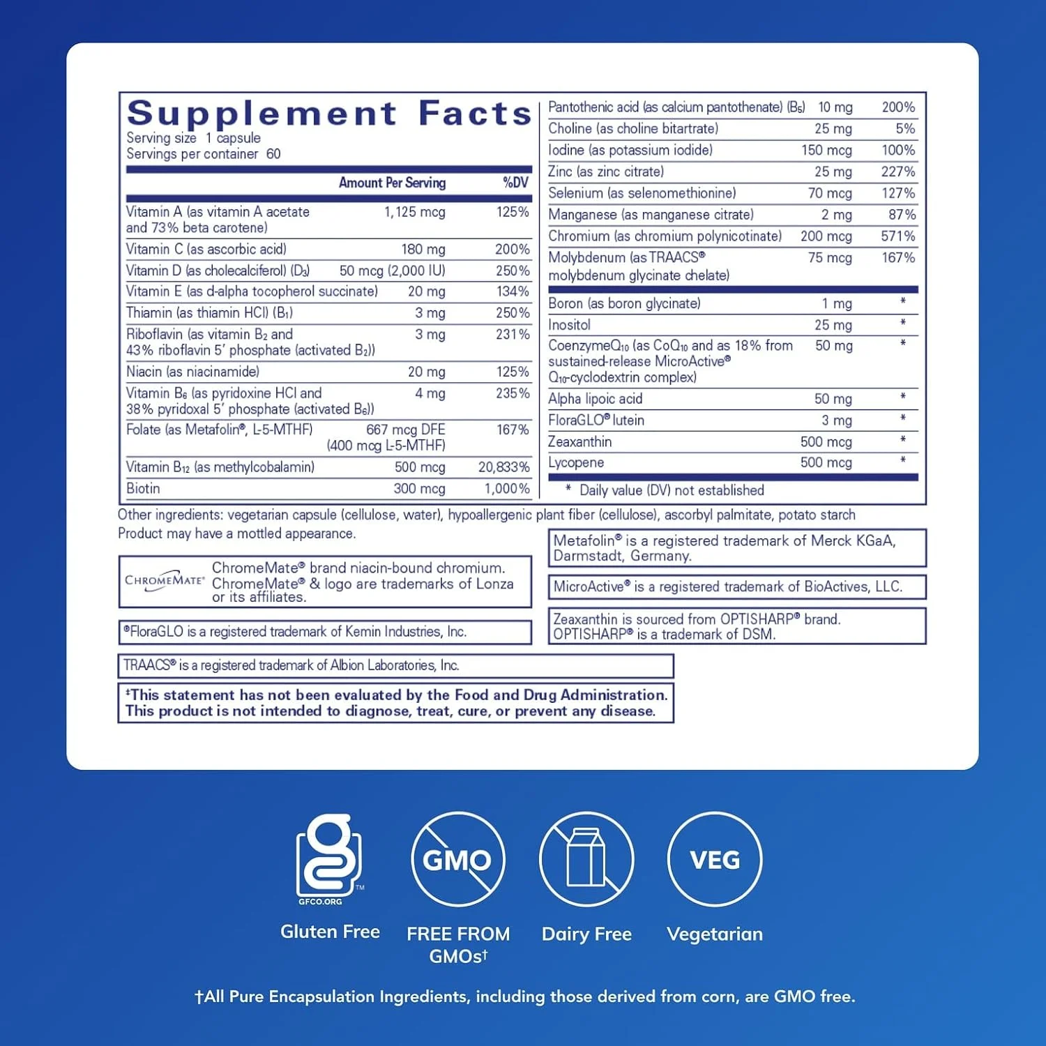 مولتی ویتامین روزانه Pure Encapsulations O.N.E. - مولتی ویتامین یک بار در روز با کمپلکس آنتی اکسیدانی متافولین، کوآنزیم Q10 و لوتئین برای حمایت از بینایی، عملکرد شناختی و سلامت سلولی* - 60 کپسول