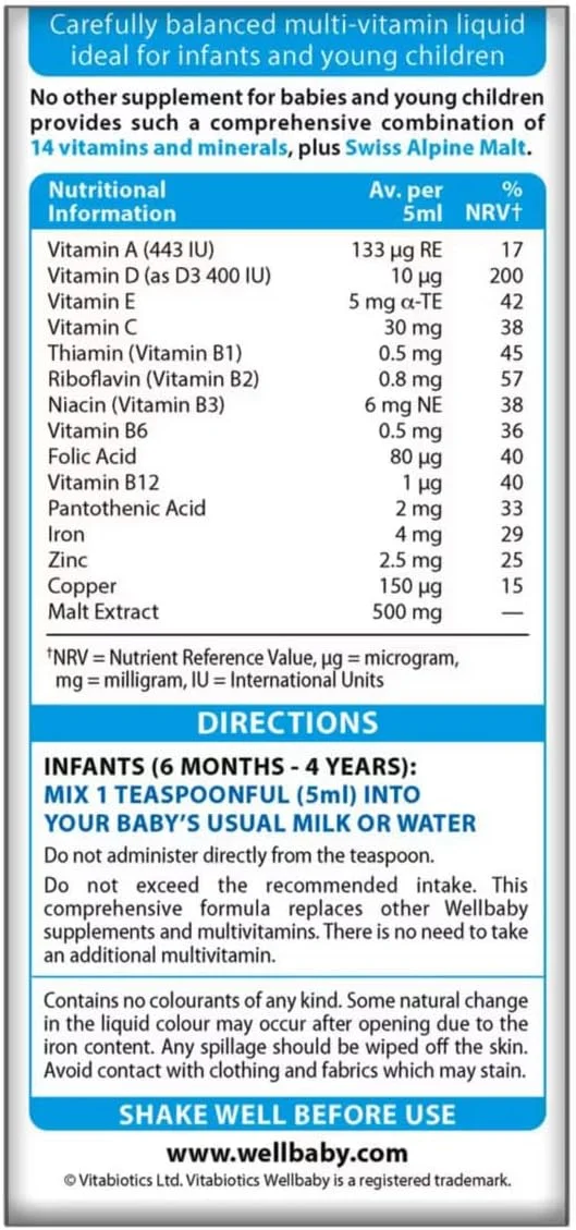 بسته 1 عددی مولتی ویتامین Wellbaby برای نوزادان، کودکان نوپا و خردسالان 6 ماهه تا 4 ساله (شامل ویتامین D) 150 میلی لیتر به همراه کارت تشکر بسته 1 عددی مولتی ویتامین Wellbaby برای نوزادان، کودکان نوپا و خردسالان 6 ماهه تا 4 ساله (شامل ویتامین D) 150 میلی لیتر به همراه کارت تشکر