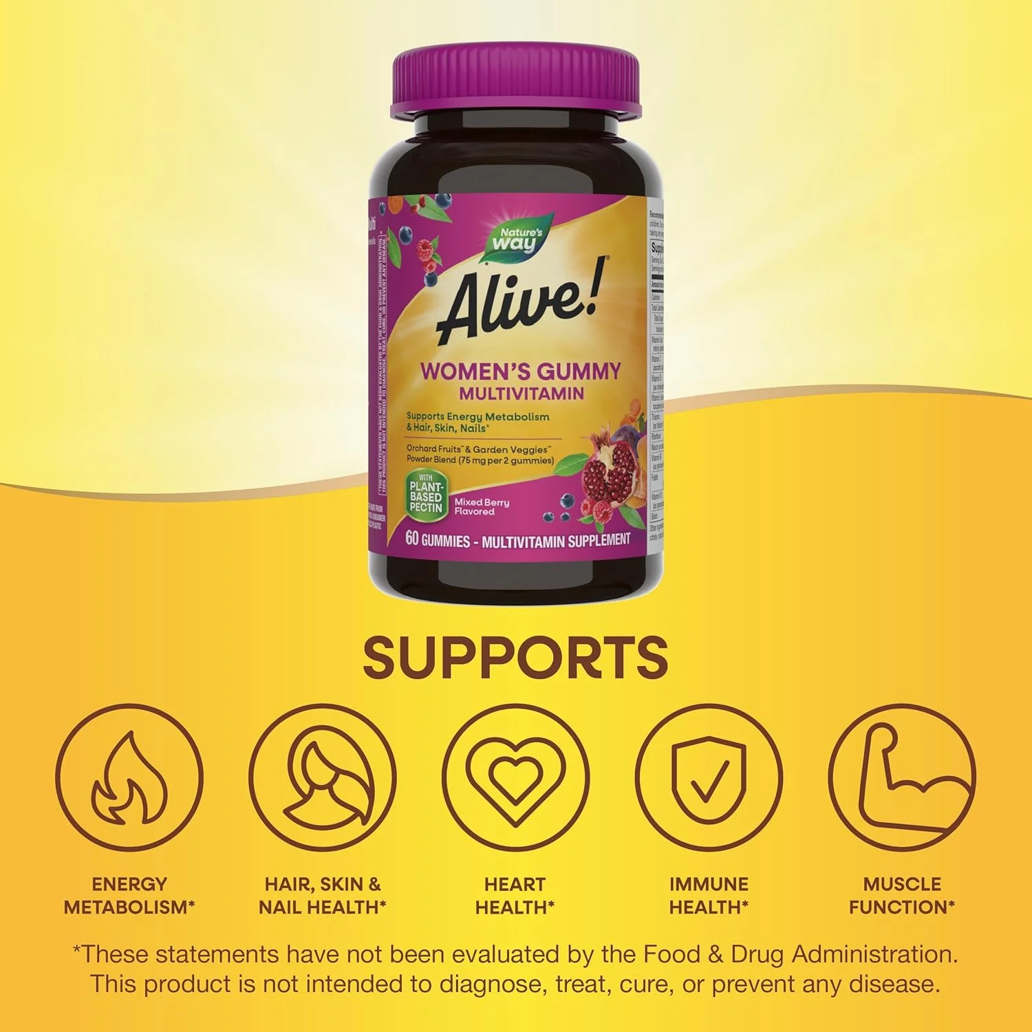 مولتی ویتامین بانوان Nature's Way Alive، 60 پاستیل | متابولیسم انرژی و مو، پوست، ناخن | مخلوط میوه های باغی و سبزیجات باغی - طعم توت مخلوط | 75 میلی گرم در هر وعده 2 پاستیلی مکمل غذایی مولتی ویتامین بانوان Nature's Way Alive، 60 پاستیل | متابولیسم انرژی و مو، پوست، ناخن | مخلوط میوه های باغی و سبزیجات باغی - طعم توت مخلوط | 75 میلی گرم در هر وعده 2 پاستیلی مکمل غذایی