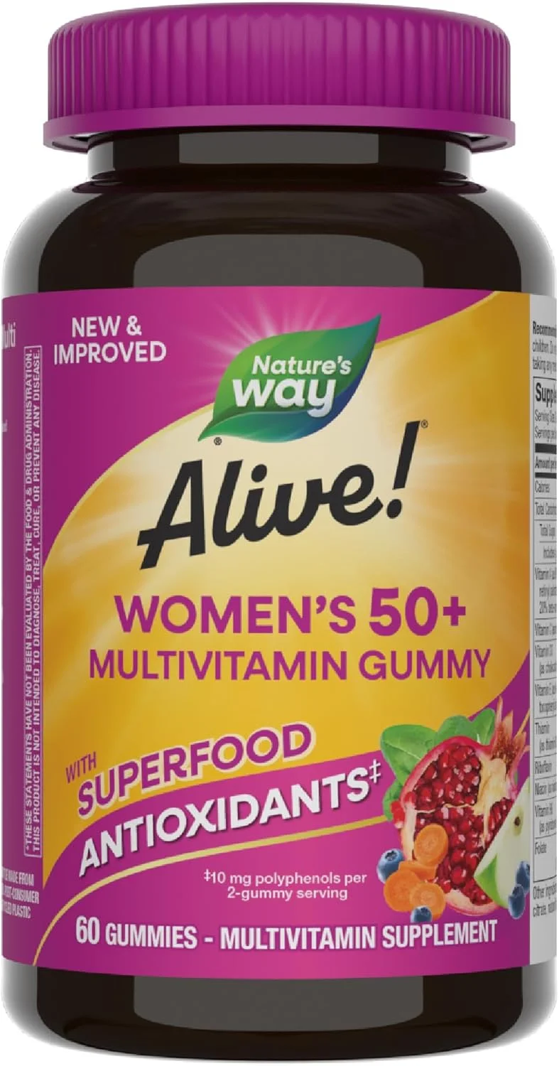 مولتی ویتامین بانوان بالای 50 سال Nature's Way Alive، 60 پاستیل | قلب، مغز و استخوان های سالم | مخلوط میوه های باغی و سبزیجات باغی - طعم توت مخلوط | 75 میلی گرم در هر وعده 2 پاستیلی مکمل غذایی مولتی ویتامین بانوان بالای 50 سال Nature's Way Alive، 60 پاستیل | قلب، مغز و استخوان های سالم | مخلوط میوه های باغی و سبزیجات باغی - طعم توت مخلوط | 75 میلی گرم در هر وعده 2 پاستیلی مکمل غذایی