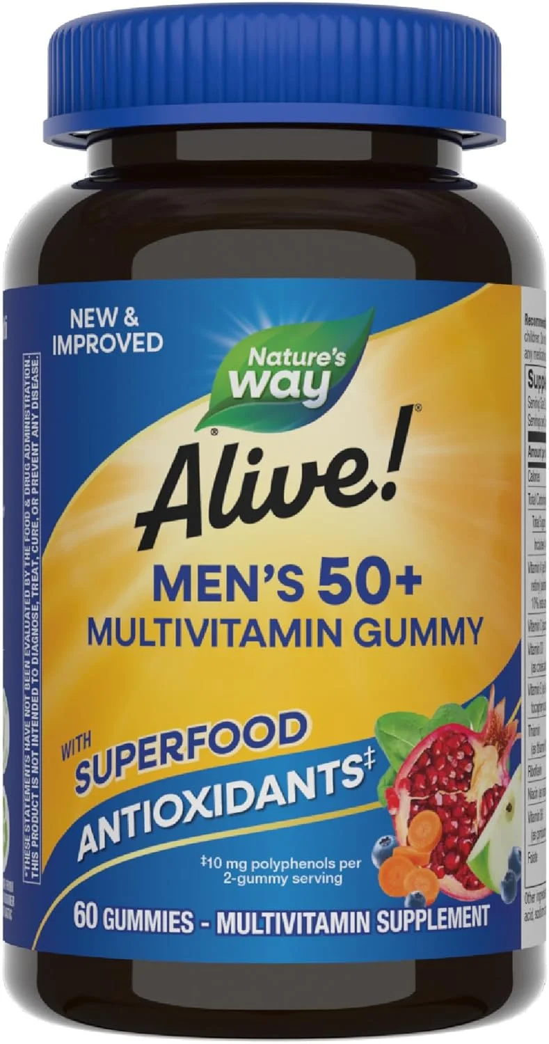 مولتی ویتامین آقایان بالای 50 سال Nature's Way Alive، 60 پاستیل | پشتیبانی از سلامت مغز، چشم و قلب | مخلوط میوه های باغ و سبزیجات | طعم میوه | 100 میلی گرم در هر وعده 2 پاستیلی مکمل غذایی