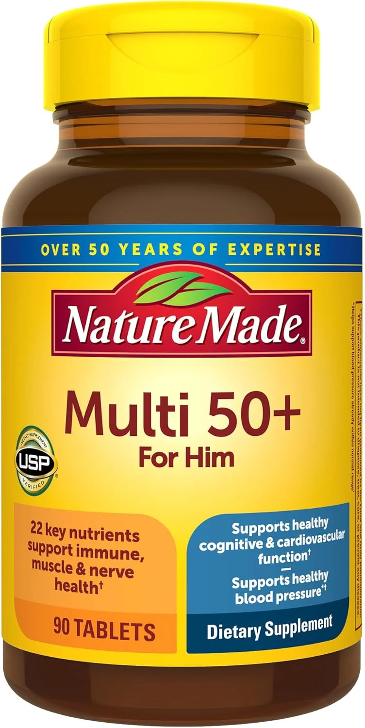 قرص های مولتی ویتامین مردانه بالای 50 سال Nature Made با ویتامین D، 90 عدد برای حمایت تغذیه ای روزانه قرص های مولتی ویتامین مردانه بالای 50 سال Nature Made با ویتامین D، 90 عدد برای حمایت تغذیه ای روزانه