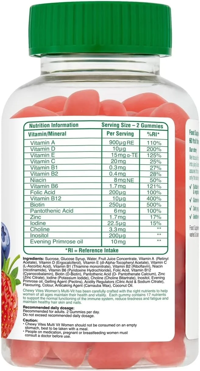 Chewy Vites Women | مولتی ویتامین 60 پاستیلی | 17 ماده مغذی ضروری مخصوص بانوان | حاوی بیوتین با قدرت بالا و روغن گل پامچال | آب میوه طبیعی | وگان | 2 عدد در روز