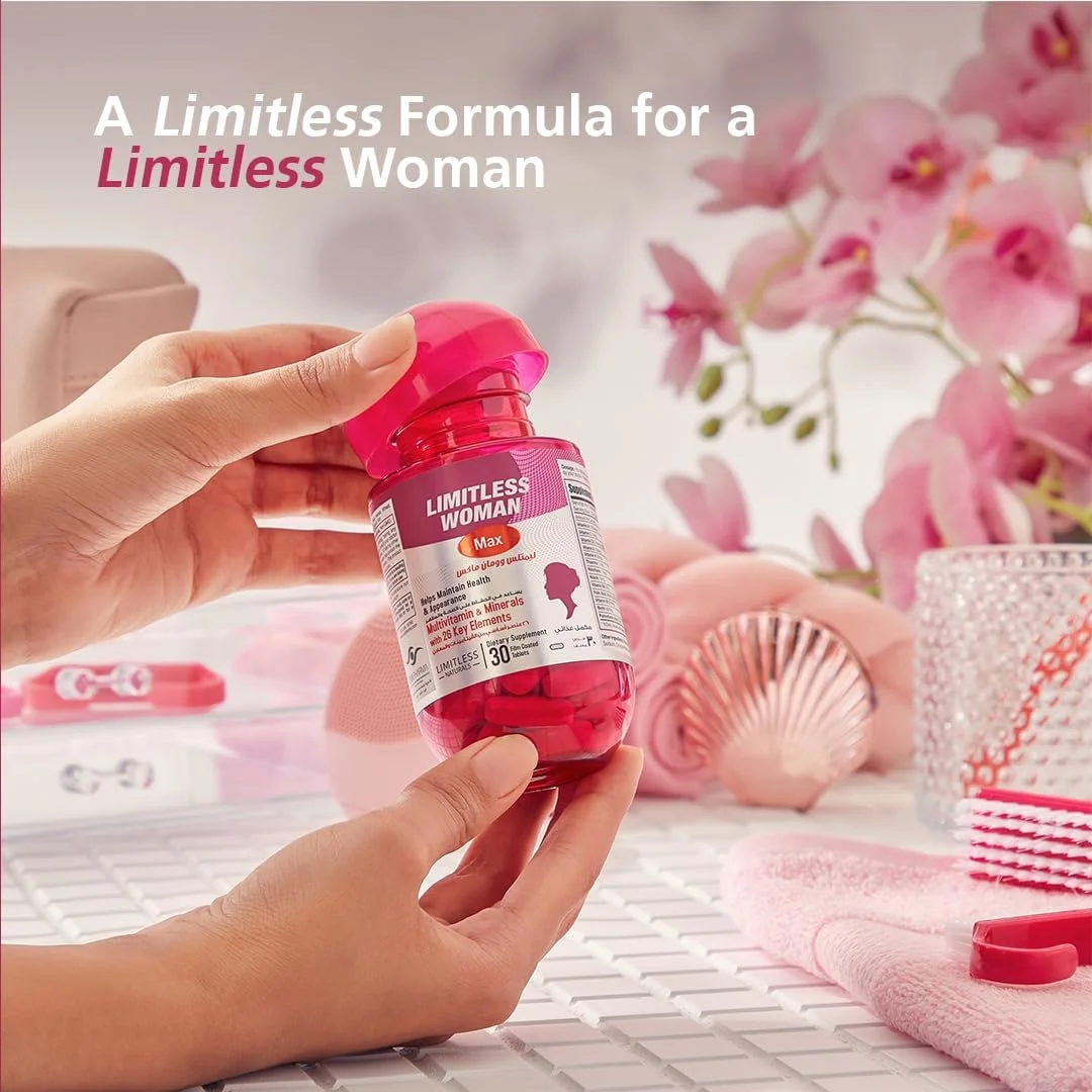 مولتی ویتامین بانوان Limitless Woman Max – حاوی 26 ماده مغذی ضروری – پشتیبانی از زیبایی، انرژی و سیستم ایمنی – شامل بیوتین، آهن و ویتامین C – 30 قرص. مولتی ویتامین بانوان Limitless Woman Max – حاوی 26 ماده مغذی ضروری – پشتیبانی از زیبایی، انرژی و سیستم ایمنی – شامل بیوتین، آهن و ویتامین C – 30 قرص.
