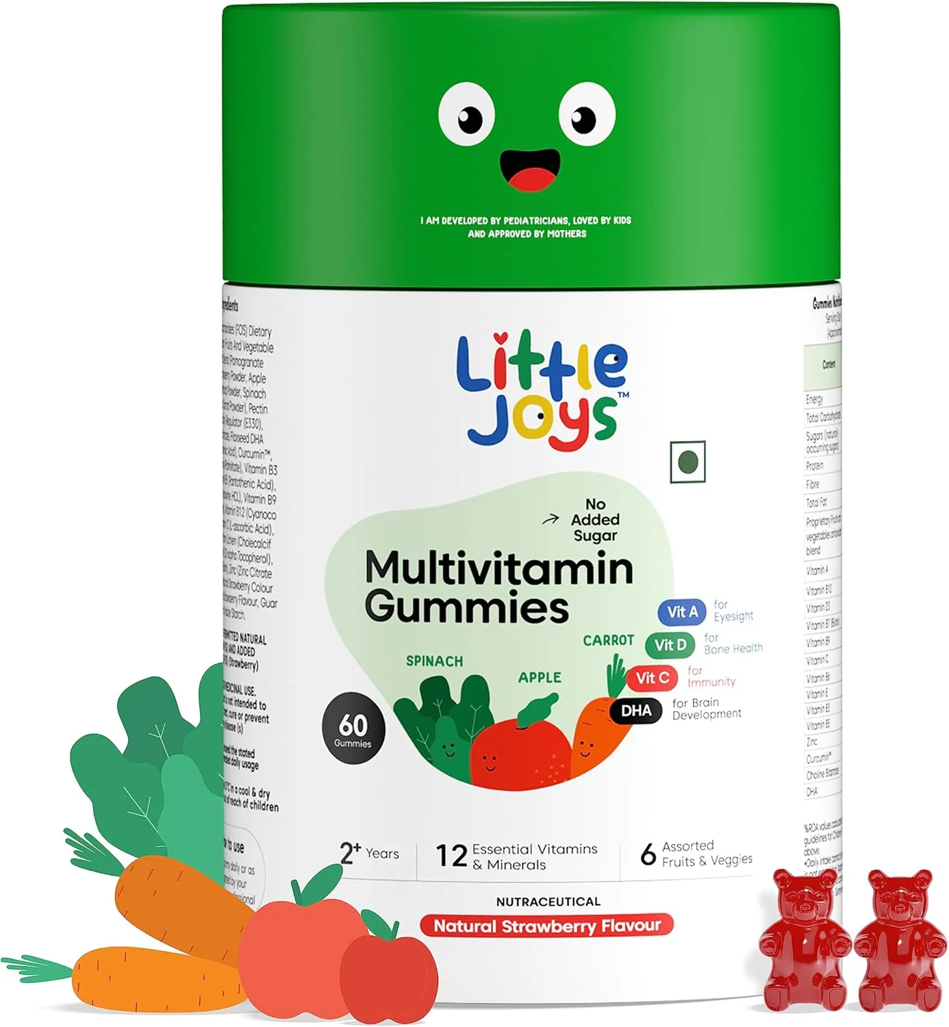 پاستیل مولتی ویتامین Little Joys (۲-۶ سال) | بسته ۶۰ عددی | بدون شکر افزوده | طعم توت فرنگی | تقویت سیستم ایمنی، تراکم استخوان و بینایی