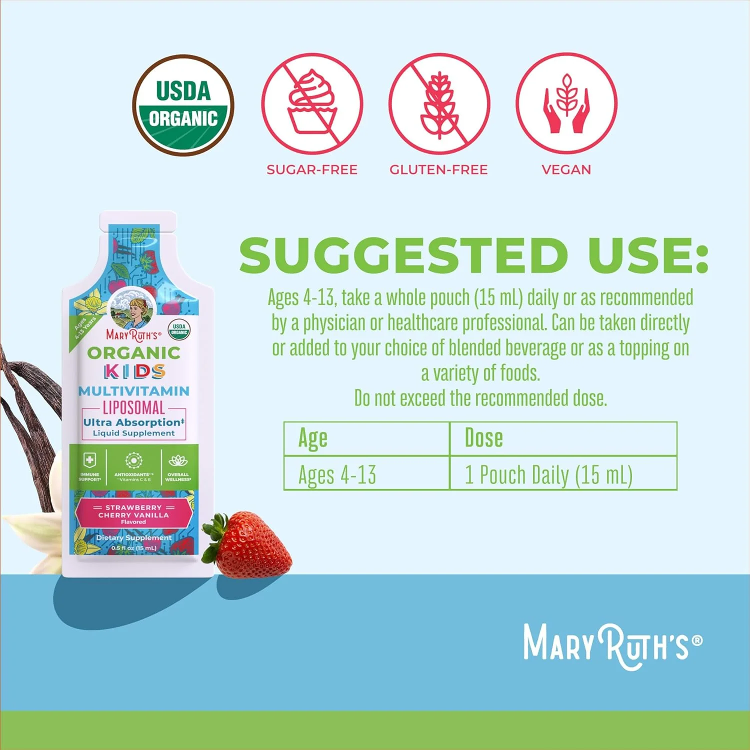 مولتی ویتامین ارگانیک کودکان MaryRuth Organics USDA | مولتی ویتامین بدون شکر کودکان | ویتامین های مایع برای کودکان | مکمل تقویت سیستم ایمنی | سلامت شناختی و تندرستی کلی | وگان | 14 بسته 0.5 Fl Oz