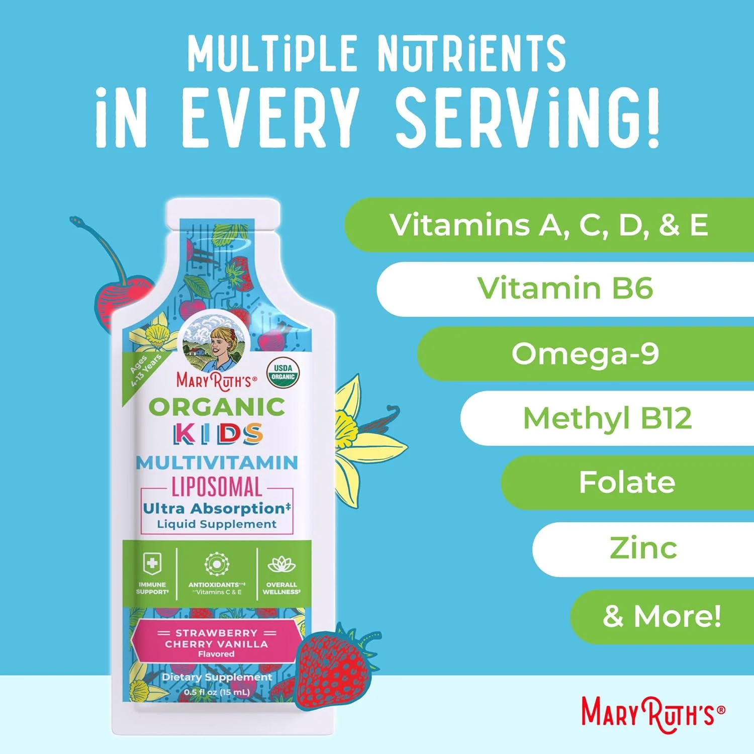مولتی ویتامین ارگانیک کودکان MaryRuth Organics USDA | مولتی ویتامین بدون شکر کودکان | ویتامین های مایع برای کودکان | مکمل تقویت سیستم ایمنی | سلامت شناختی و تندرستی کلی | وگان | 14 بسته 0.5 Fl Oz